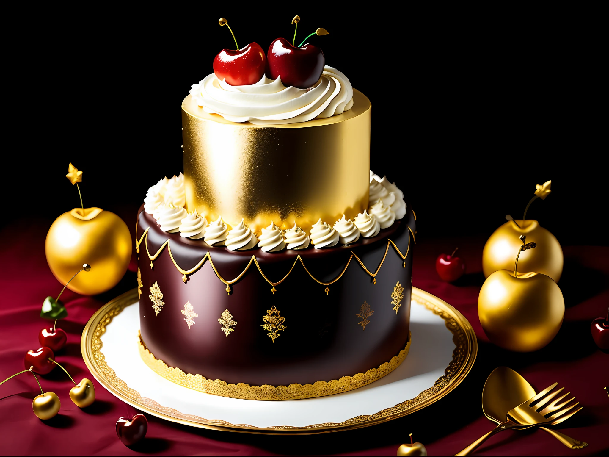 fantasy cake with a lot of whipped cream, cherries, golden ornaments, dark background