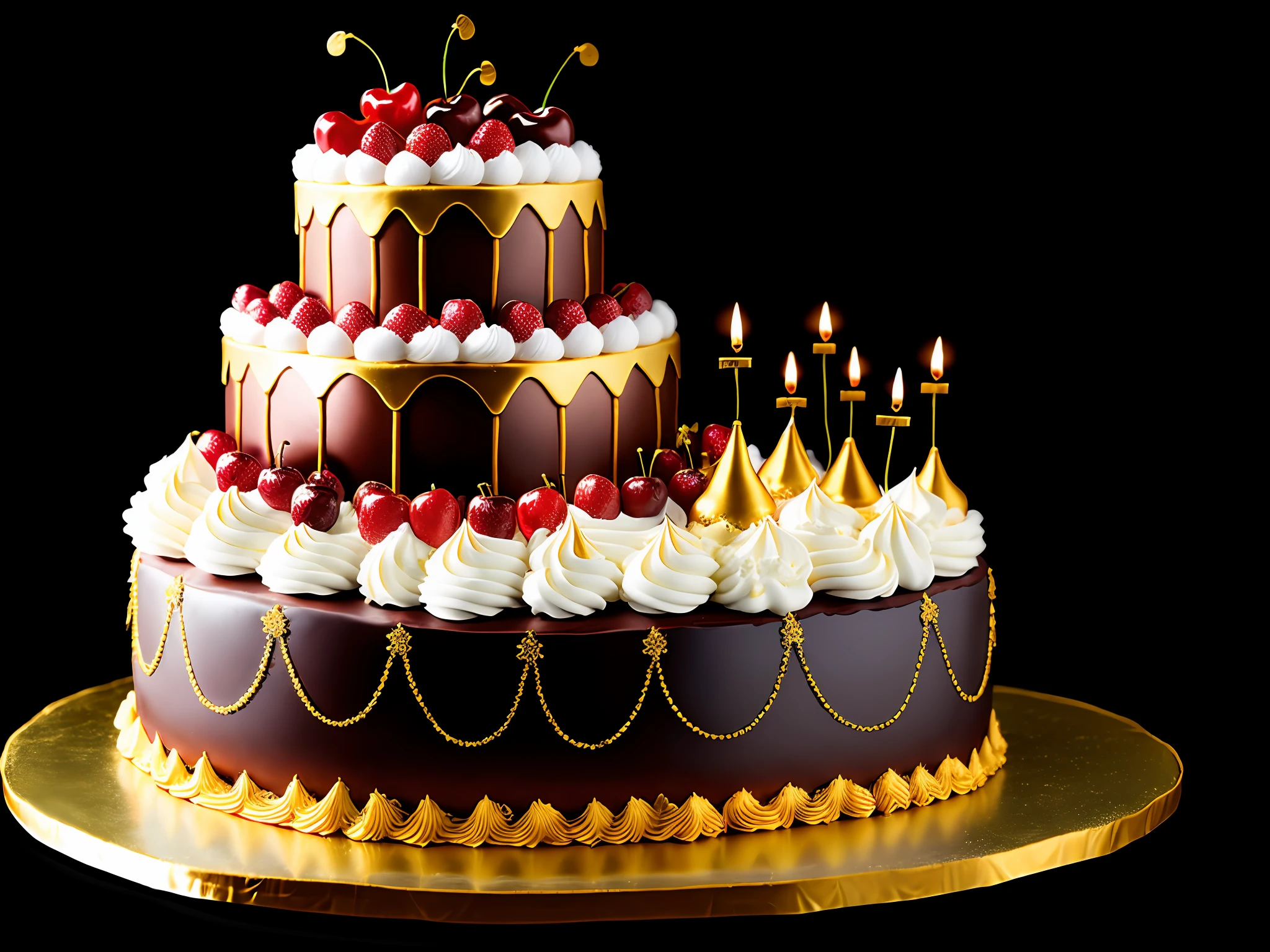 fantasy cake with a lot of whipped cream, cherries, golden ornaments, dark background