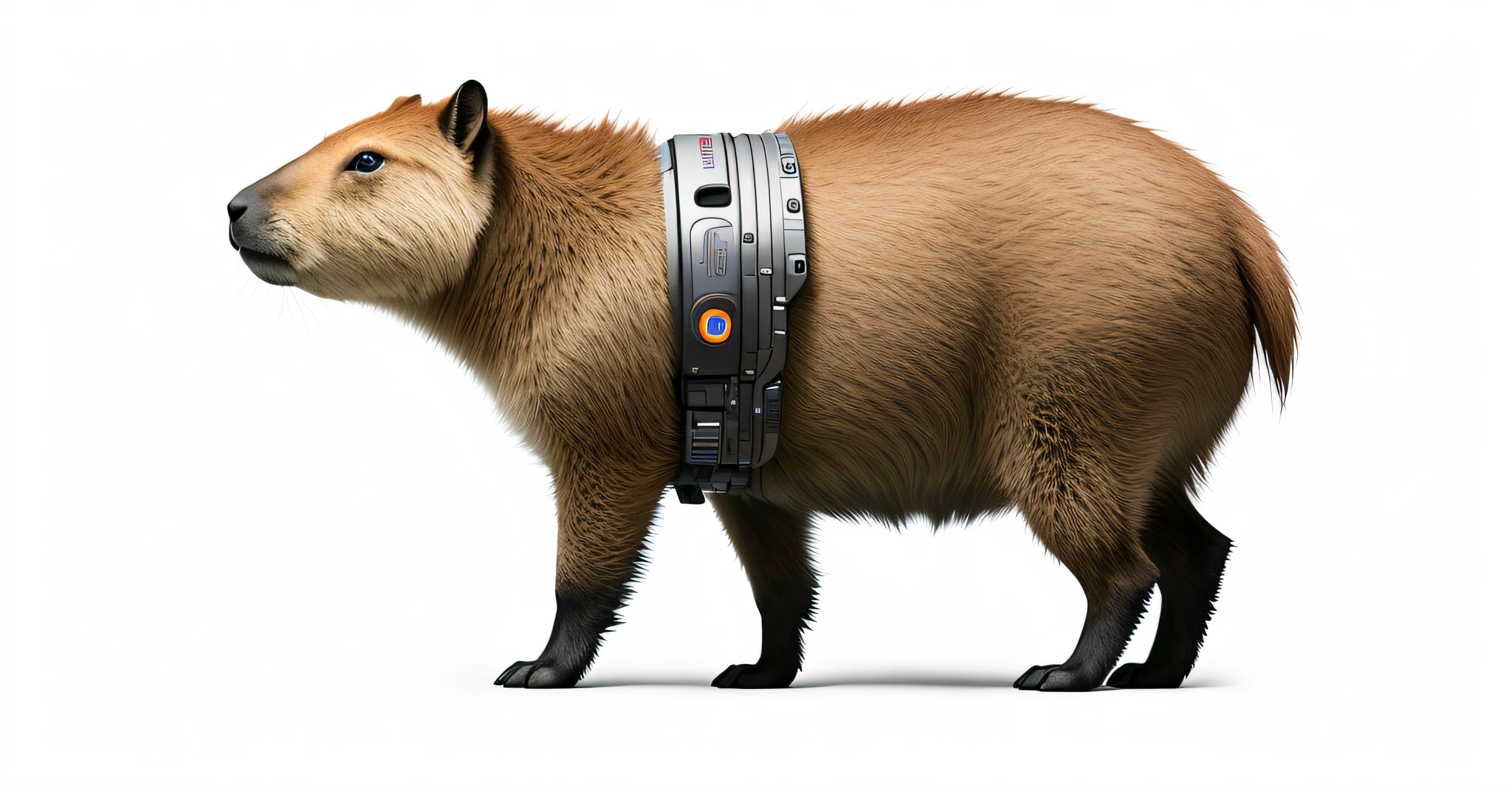 capybara (cyborg) Complicated, sci-fi, high-detail RAW photo, full body, (cyberpunk), outdoor, (cybernetic implants:1.1), (magnifications), metal, (highly detailed and intricate details), (lens flare: 0.4), (bloom: 0.5), (neon lights: 0.3), badlands, shallow depth of field, natural lighting, (reduced light: 0.5), photographed on a Sony Alpha 7 IV lens, 90mm, F/4 aperture,  smooth, 8k, HDR, sharp focus, award-winning fashion photography --auto --s2