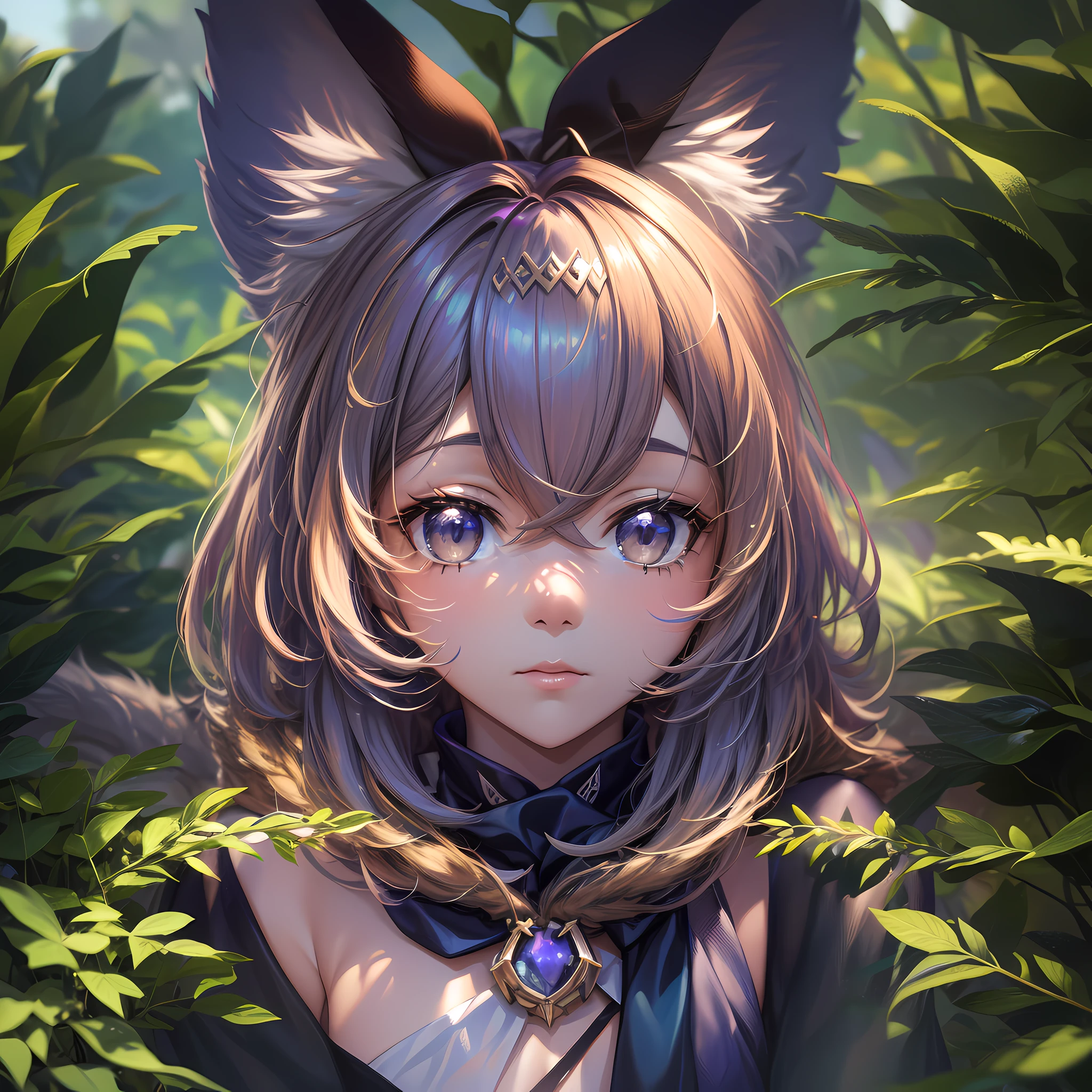 (extremely detailed CG unity 8k wallpaper,masterpiece, best quality, ultra-detailed),(best illumination, best shadow),(cute and fluffy),(1girl),(serval ears+animal ears),(wide shot),lush greenery,sunbeams,sparkles,glorious,  quality:3.0, style: fantasy, lighting: dramatic, angle: close-up, expression: shame, melhor qualidade, olhos incrivelmente detalhados, olhos com brilho, peitos médios, brilho nas bochechas, lábios detalhados