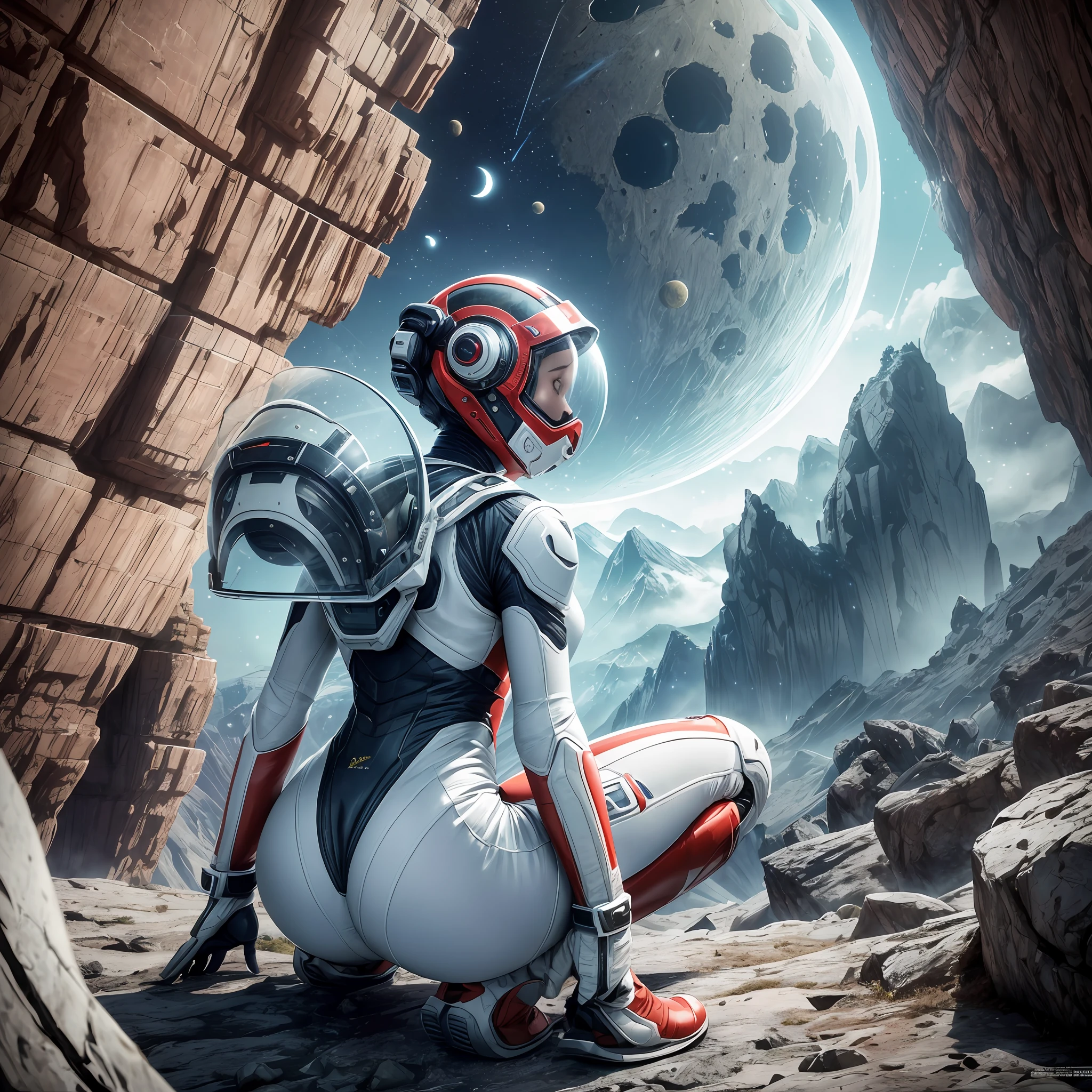 Highly detailed RAW color photo, rear angle, full body, of (female dresses, wearing white and red space suit, futuristic helmet, pointed face shield, rebreather, sharp booty), outdoor (leaning over the rocky edge, looking at the advanced alien structure), (on the complex exotic alien planet: 0.6), toned body, big ass, (sci-fi), (mountains: 1.1), (lush green vegetation),  (two moons in the sky: 0.8), (highly detailed, hyperdetailed, intricate), (lens reflection: 0.7), (flowering: 0.7), particle effects, ray tracing, cinematic lighting, shallow depth of field, photographed on Sony a9 II, 24mm wide-angle lens, sharp focus, still cinematic photo of Gravity 2013, seen from behind, --auto --s2