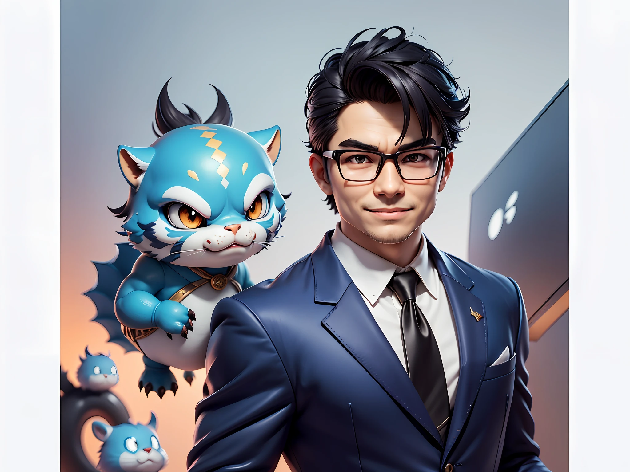 (Masterpiece), (Extreme Quality), (Super Meticulous), (Full Body: 1.2), Super Young Man, Chinese Dragon, Tiger, Wind God Thor, Sexy, Bursting, Oriental Face, TV Anchor, Bust Portrait Illustration, Black Formal Suit, Blue Tie, Slightly Chubby Face, Silver Glasses, Very Clean Face, No Beard on Chin, Black Super Short Hair, Black Eyes, Confident Smile, 3c Computer Sub-Products, iPad, iPhone, Digital Painting, 3D Character Design by Mark Claireden and Pixar and Hayao Miyazaki and Akira Toriyama, The illustration is a high-definition illustration in 4K resolution with very detailed facial features and cartoon-style visuals.