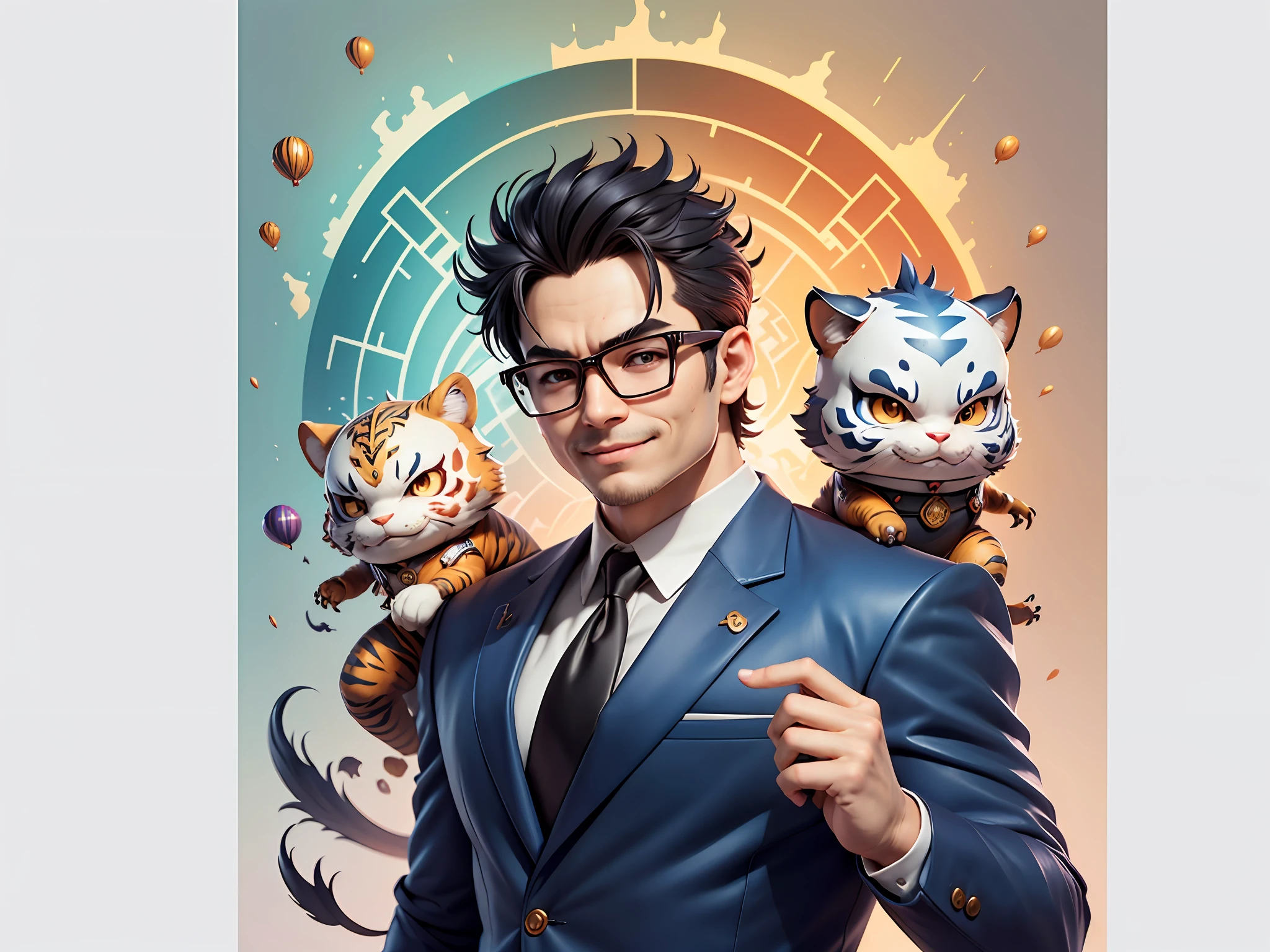 (Masterpiece), (Extreme Quality), (Super Meticulous), (Full Body: 1.2), Super Young Man, Chinese Dragon, Tiger, Wind God Thor, Sexy, Bursting, Oriental Face, TV Anchor, Bust Portrait Illustration, Black Formal Suit, Blue Tie, Slightly Chubby Face, Silver Glasses, Very Clean Face, No Beard on Chin, Black Super Short Hair, Black Eyes, Confident Smile, 3c Computer Sub-Products, iPad, iPhone, Digital Painting, 3D Character Design by Mark Claireden and Pixar and Hayao Miyazaki and Akira Toriyama, The illustration is a high-definition illustration in 4K resolution with very detailed facial features and cartoon-style visuals.