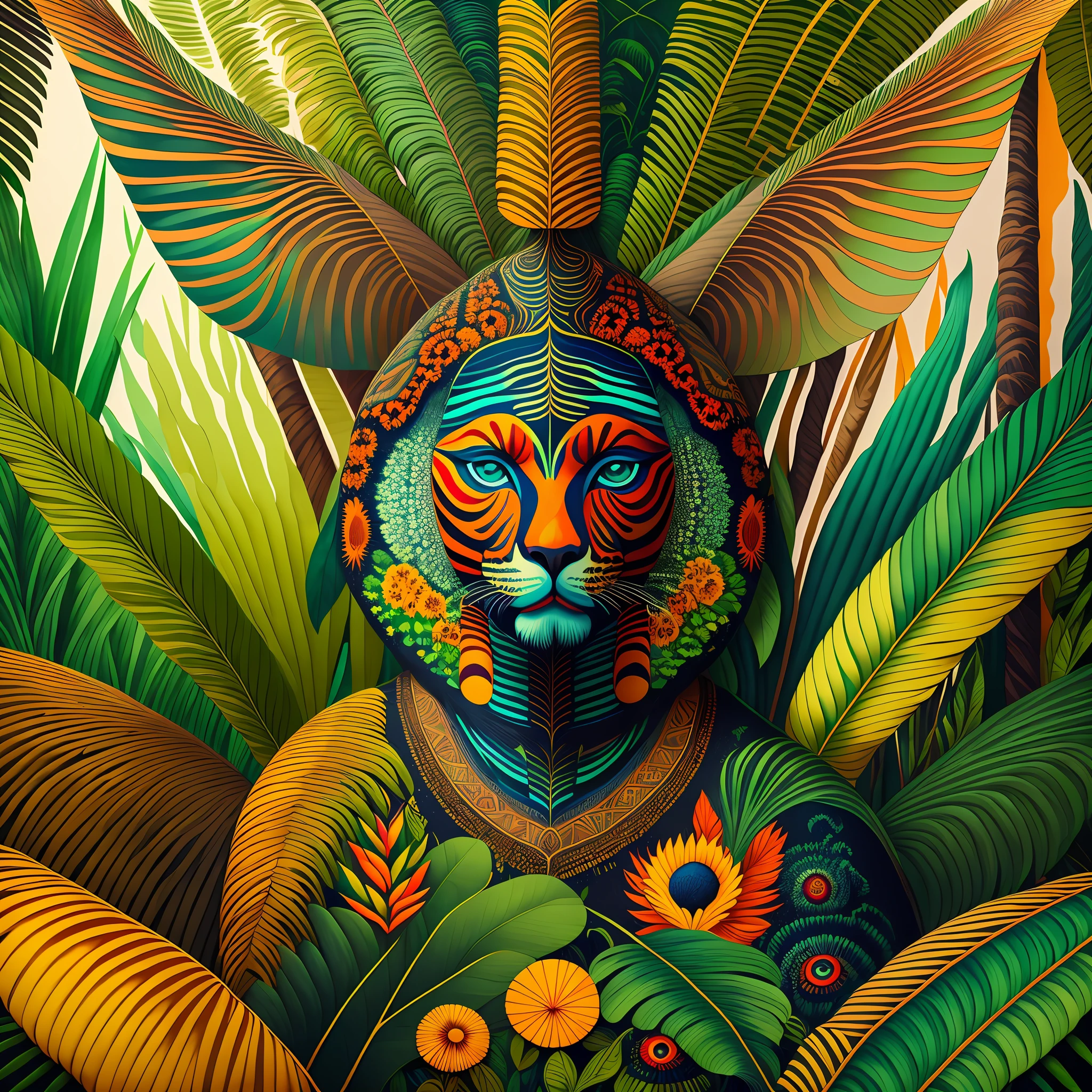 art installation art brock moore in the wilds of Amazonia , in the style of casey weldon, natalie shau, giuseppe arcimboldo, hard edge painter, psychedelic color palette, tender depiction of nature, unprimed canvas,
