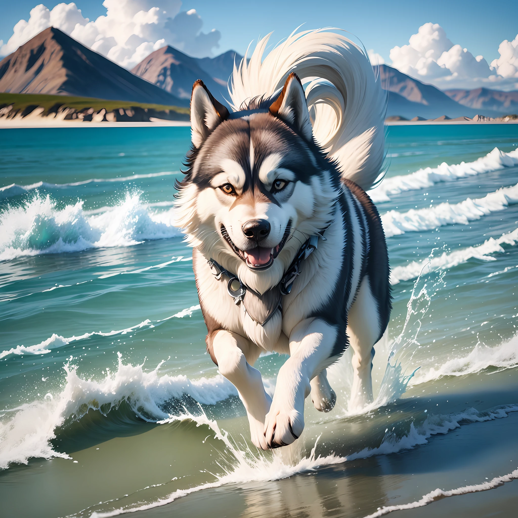 Alaskan Malamute running in a beach landscape pool of clear and transparent water ultra realistic photo 4k --auto --s2