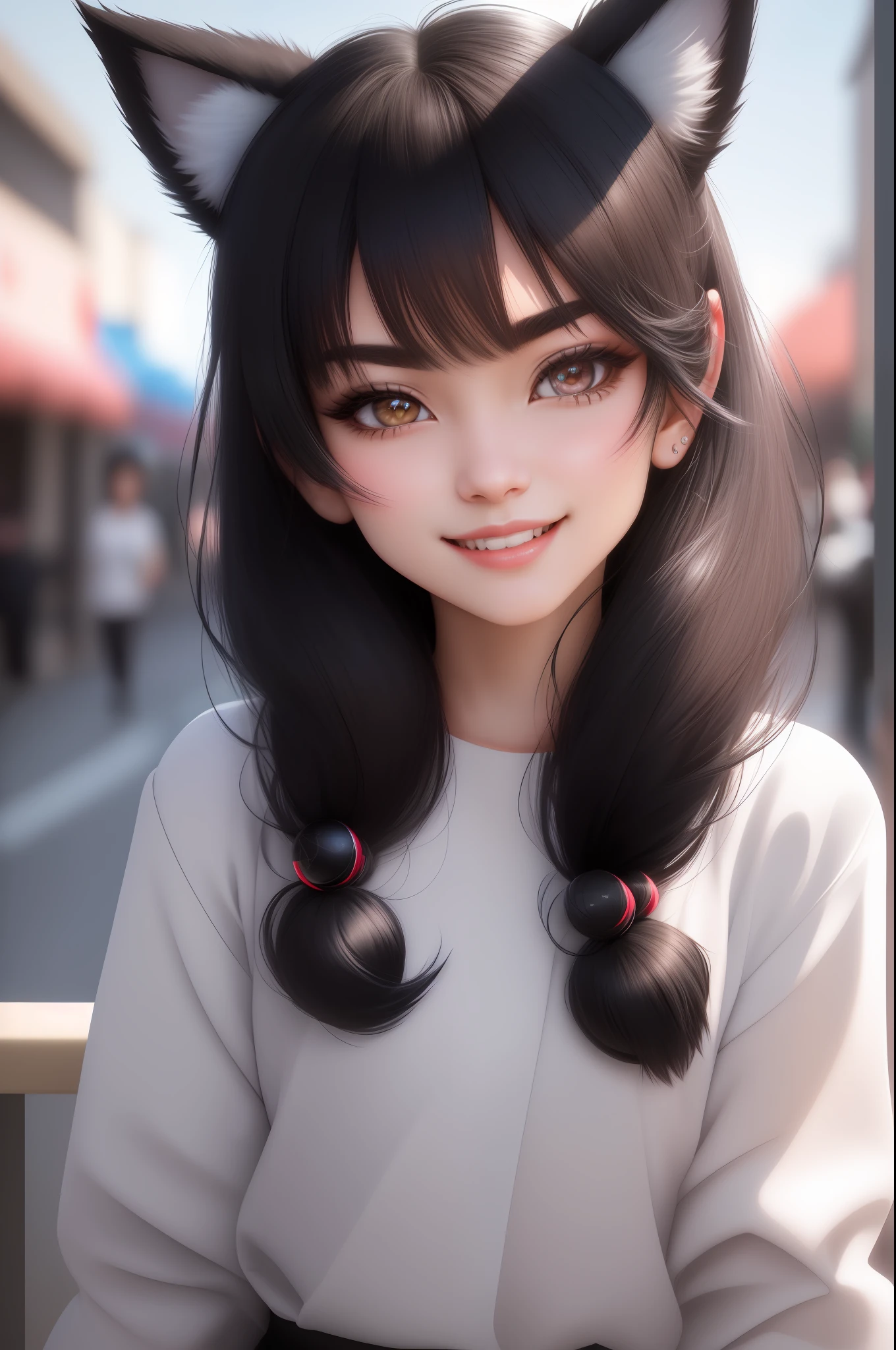 black hair, hair bobbles, wince, longeyelashes, solid circle eyes, fake animal ears, light smile, ear blush, fang, Surrealism, drop shadow, anaglyph, stereogram, tachi-e, pov, atmospheric perspective, 8k, super detail, ccurate, best quality