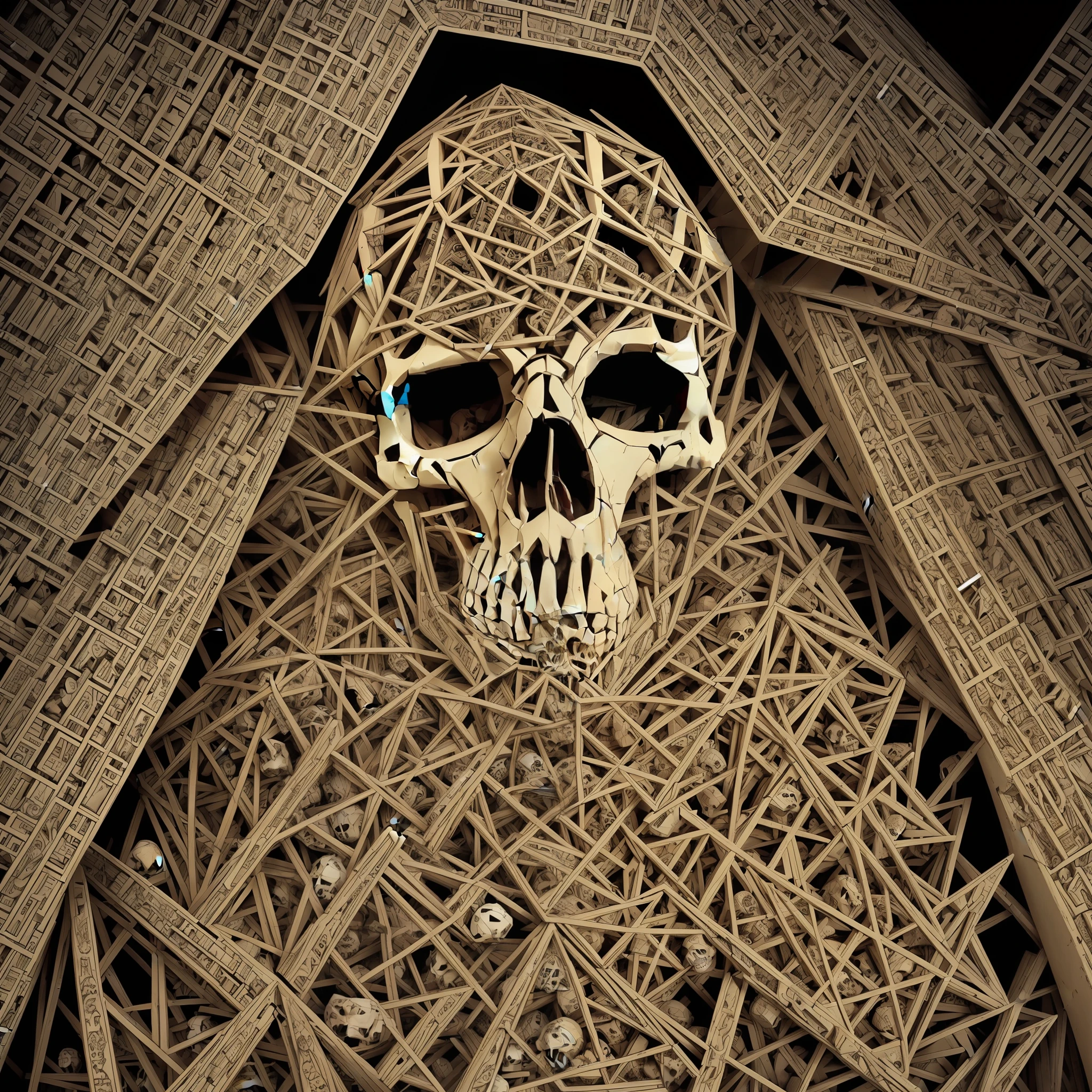 a lot of human skulls arranged in a pyramidal way, realistic, better quality, high quality, absurd, intricate detail