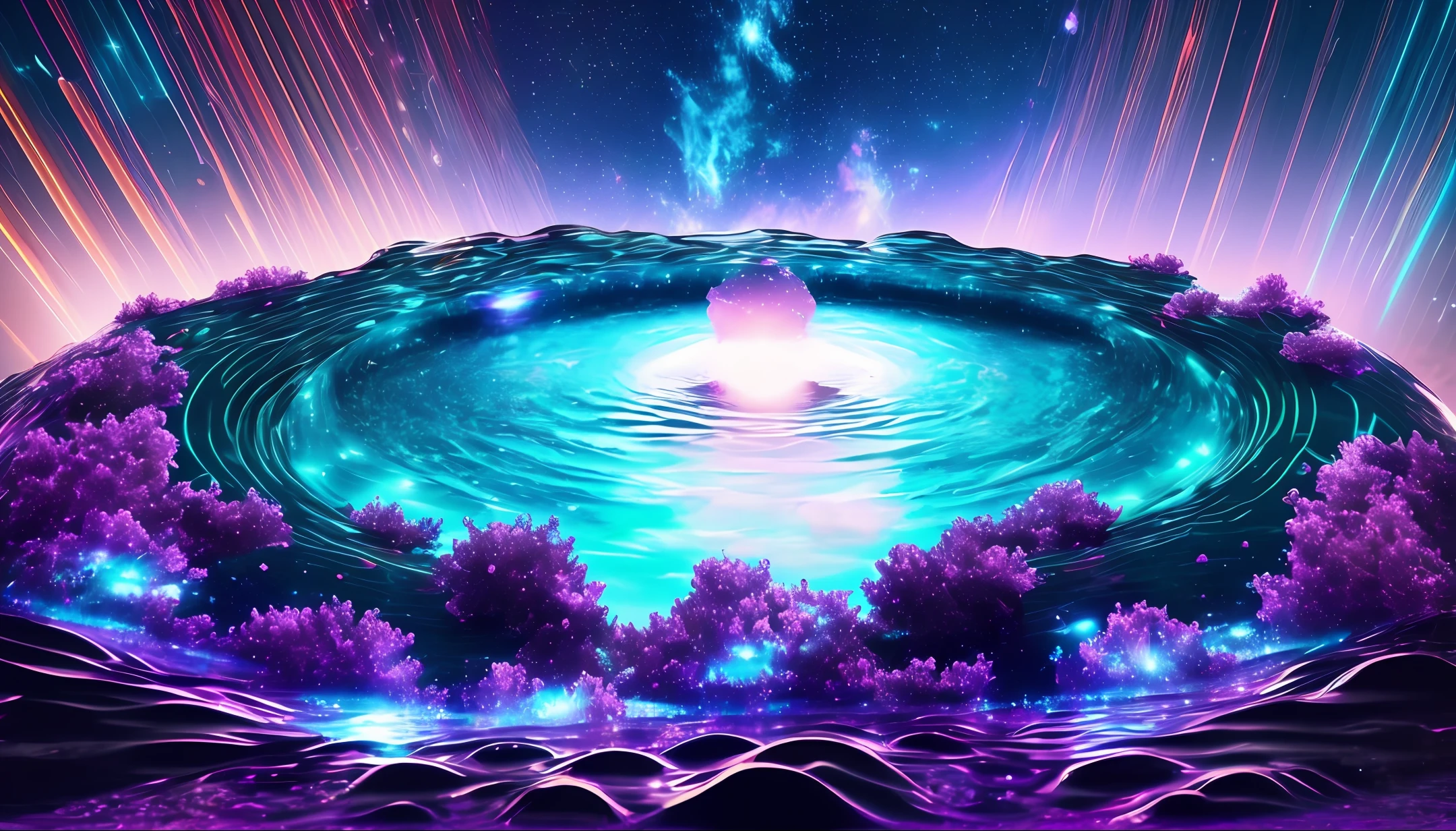 Create a portal made of water, in the universe, near the galaxies, surrounded by stars, with lights, in 4K, cinematic, in high contrast --auto --s2