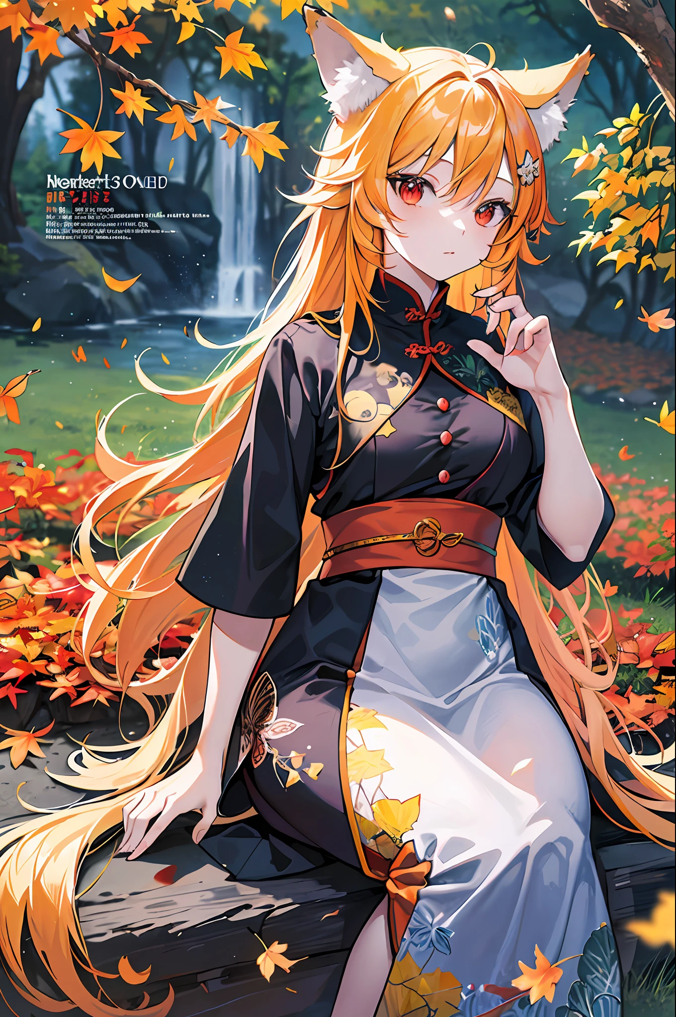englai Fairyland,Chinese mythology,Colorful auspicious clouds,
autumn, autumn_leaves, falling_leaves, holding_leaf, leaf, leaf_background, leaf_hair_ornament, maple_leaf, aki_shizuha, leaf_print, starfish, anger_vein, ginkgo_leaf, leaf_on_head, spoken_anger_vein, tree, waterfall, sweet_potato, dragonfly, acorn, solo, braid, blurry_foreground, 1girl, day, painting, depth_of_field, blurry, long_hair, branch, hair_ornament, leaves_in_wind, forest, outdoors, nature, campfire, shirt, looking_at_viewer, onsen, koi, sitting, masterpiece, best quality, (best quality), ((masterpiece)), (highres), original, extremely detailed 8K wallpaper, (an extremely delicate and beautiful),((detailed face)),beautiful detail eyes,hair fluttering in the wind,messy hair,lens flare,
1girl,full body,(golden eye),(red eye),(wolf ear),(yellow hair),(wolf tail),(wolf ears),(a cute young girl:1.1),(wolf ear),beautiful detailed eyes,orange hair, very long hair,small breasts,(looking at viewer),
(magazine:1.3), (cover-style:1.3), fashionable, woman, vibrant, outfit, posing, front, colorful, dynamic, background, elements, confident, expression, holding, statement, accessory, majestic, coiled, around, touch, scene, text, cover, bold, attention-grabbing, title, stylish, font, catchy, headline, larger, striking, modern, trendy, focus, fashion,