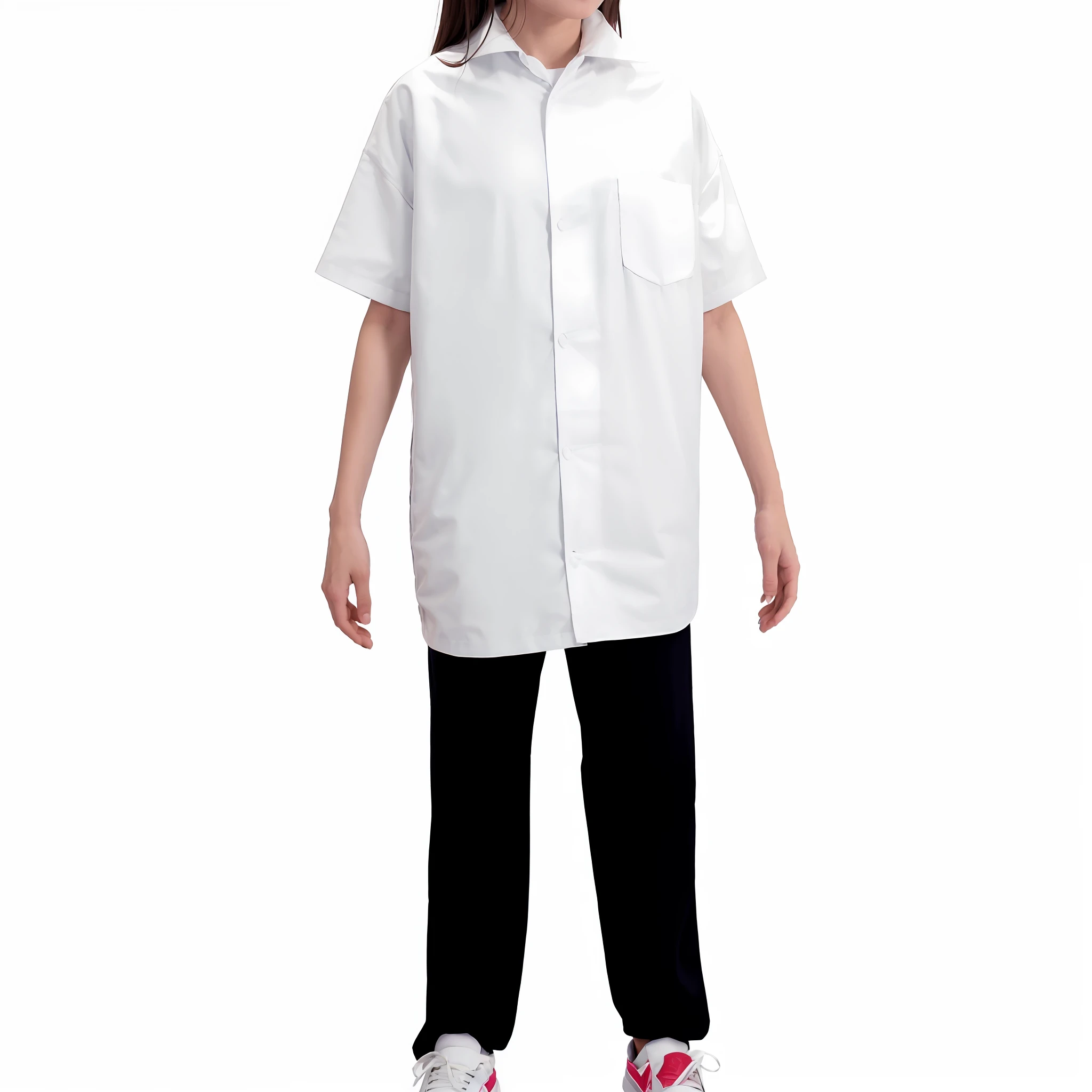 arafed girl in a white lab coat and black pants, white uniform, lab coat and tee shirt, white waist apron and undershirt, labcoat, white lab coat, lab coat, school uniform, full lenght view. white plastic, magical school student uniform, wearing a white lab coat, wearing a labcoat, wearing lab coat