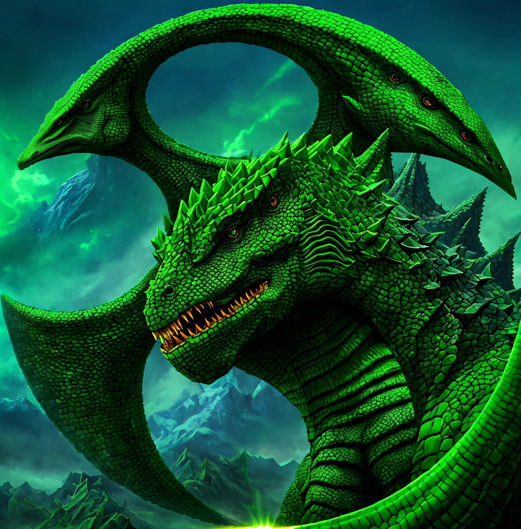 a close up of a green and black logo with a dragon, jormungandr, kaiju, godzilla, as atlantean reptilian warriors, character portrait of godzilla, green rubber suit godzilla, inspired by Noriyoshi Ohrai, kaiju-eiga, massive green dragon!!!, godzilla portrait, green dragon, lizardman