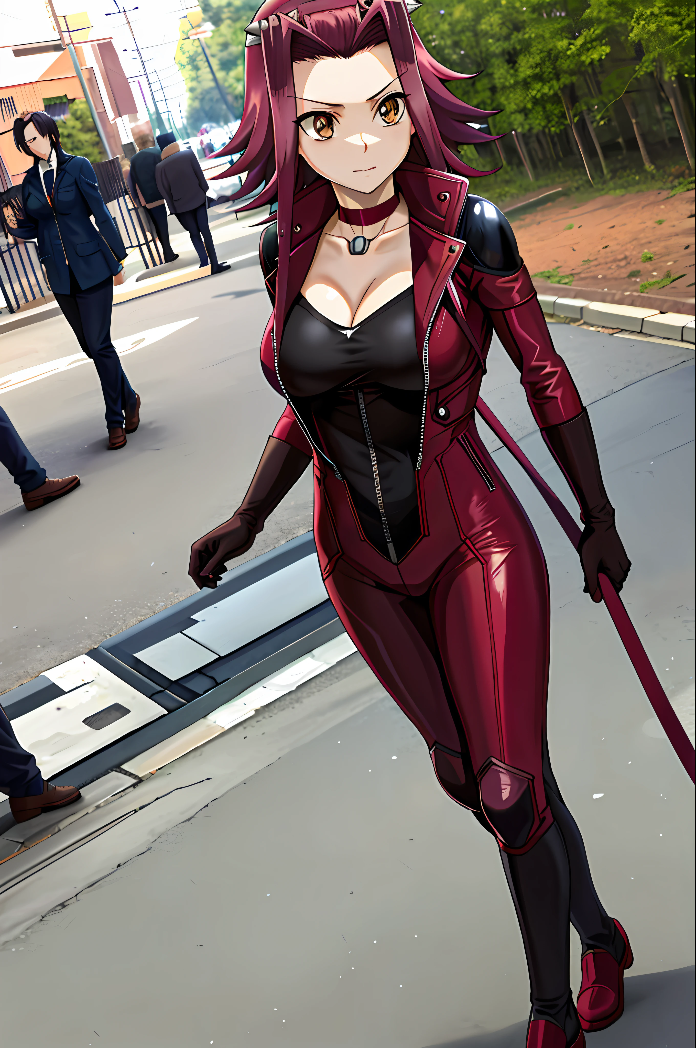 aki1, izayoi aki, solo, cleavage, choker, large breasts, unzipping, open bodysuit, gloves, dating, outdoor, shy