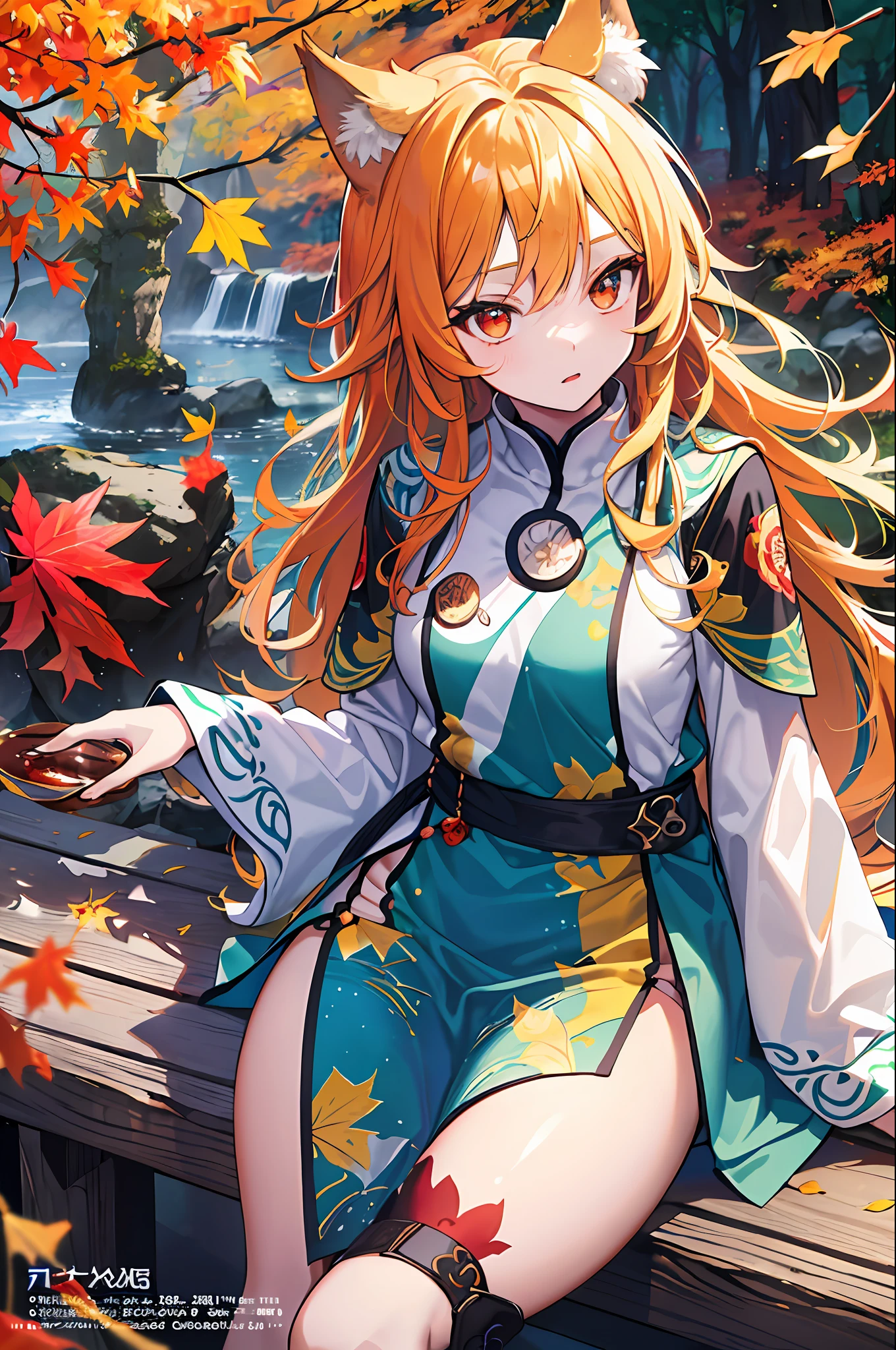 englai Fairyland,Chinese mythology,Colorful auspicious clouds,
autumn, autumn_leaves, falling_leaves, holding_leaf, leaf, leaf_background, leaf_hair_ornament, maple_leaf, aki_shizuha, leaf_print, starfish, anger_vein, ginkgo_leaf, leaf_on_head, spoken_anger_vein, tree, waterfall, sweet_potato, dragonfly, acorn, solo, braid, blurry_foreground, 1girl, day, painting, depth_of_field, blurry, long_hair, branch, hair_ornament, leaves_in_wind, forest, outdoors, nature, campfire, shirt, looking_at_viewer, onsen, koi, sitting, masterpiece, best quality, (best quality), ((masterpiece)), (highres), original, extremely detailed 8K wallpaper, (an extremely delicate and beautiful),((detailed face)),beautiful detail eyes,hair fluttering in the wind,messy hair,lens flare,
1girl,full body,(golden eye),(red eye),(wolf ear),(yellow hair),(wolf tail),(wolf ears),(a cute young girl:1.1),(wolf ear),beautiful detailed eyes,orange hair, very long hair,small breasts,(looking at viewer),
(magazine:1.3), (cover-style:1.3), fashionable, woman, vibrant, outfit, posing, front, colorful, dynamic, background, elements, confident, expression, holding, statement, accessory, majestic, coiled, around, touch, scene, text, cover, bold, attention-grabbing, title, stylish, font, catchy, headline, larger, striking, modern, trendy, focus, fashion,