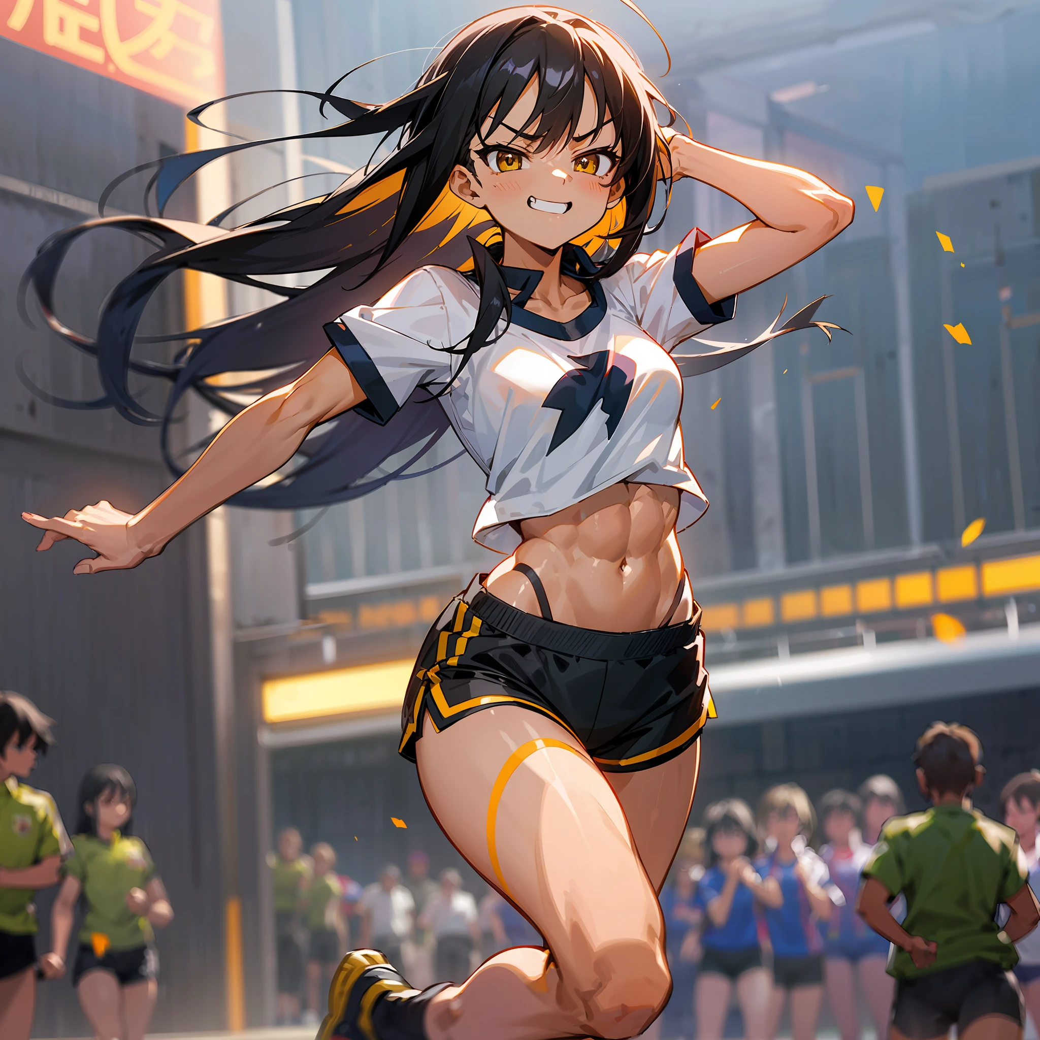 (hayate nagatoro), long straight hair, bright yellow eyes, menacing smile, full body, tan marks, tomboyish style, (anger), ((sarcastic face)), atmospheric light, very small breasts, perfect female face, ultra detailed, (wearing black running uniform with short sleeves and short shorts), ((lean body and fitness))), toned abs, fitness, smooth, high details, soft bokeh background --auto --s2