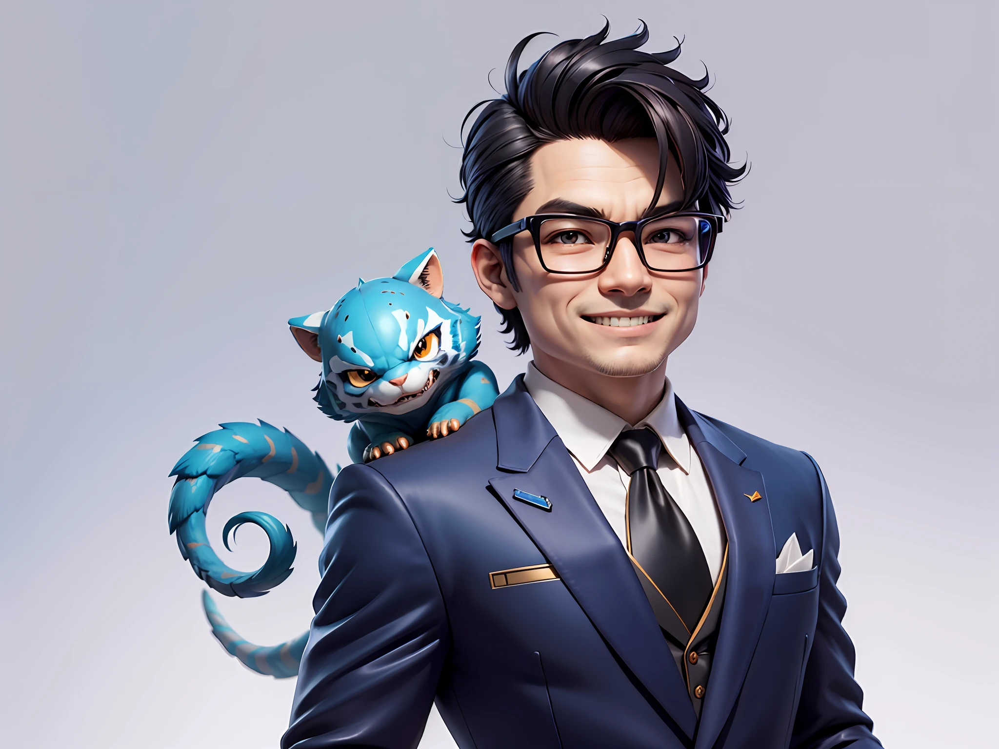 (Masterpiece), (Extreme Quality), (Super Meticulous), (Full Body: 1.2), Super Young Man, Chinese Dragon, Tiger, Wind God Thor, Sexy, Bursting, Oriental Face, TV Anchor, Bust Portrait Illustration, Black Formal Suit, Blue Tie, Slightly Chubby Face, Silver Glasses, Very Clean Face, No Beard on Chin, Black Super Short Hair, Black Eyes, Confident Smile, 3c Computer Sub-Products, iPad, iPhone, Digital Painting, 3D Character Design by Mark Claireden and Pixar and Hayao Miyazaki and Akira Toriyama, The illustration is a high-definition illustration in 4K resolution with very detailed facial features and cartoon-style visuals.