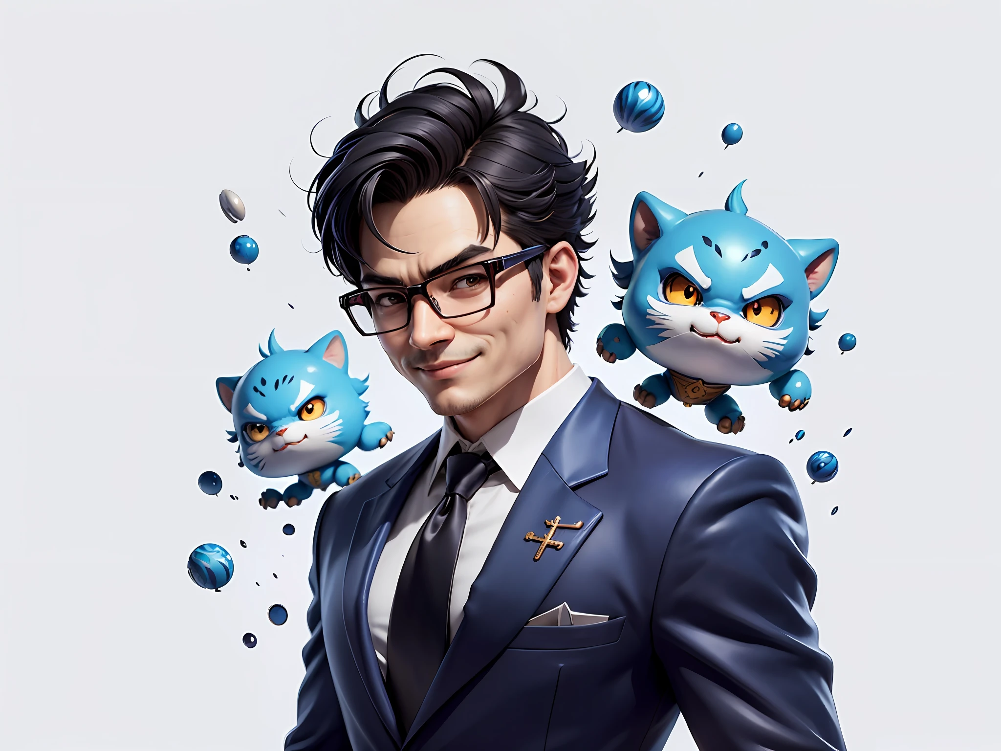 (Masterpiece), (Extreme Quality), (Super Meticulous), (Full Body: 1.2), Super Young Man, Chinese Dragon, Tiger, Wind God Thor, Sexy, Bursting, Oriental Face, TV Anchor, Bust Portrait Illustration, Black Formal Suit, Blue Tie, Slightly Chubby Face, Silver Glasses, Very Clean Face, No Beard on Chin, Black Super Short Hair, Black Eyes, Confident Smile, 3c Computer Sub-Products, iPad, iPhone, Digital Painting, 3D Character Design by Mark Claireden and Pixar and Hayao Miyazaki and Akira Toriyama, The illustration is a high-definition illustration in 4K resolution with very detailed facial features and cartoon-style visuals.