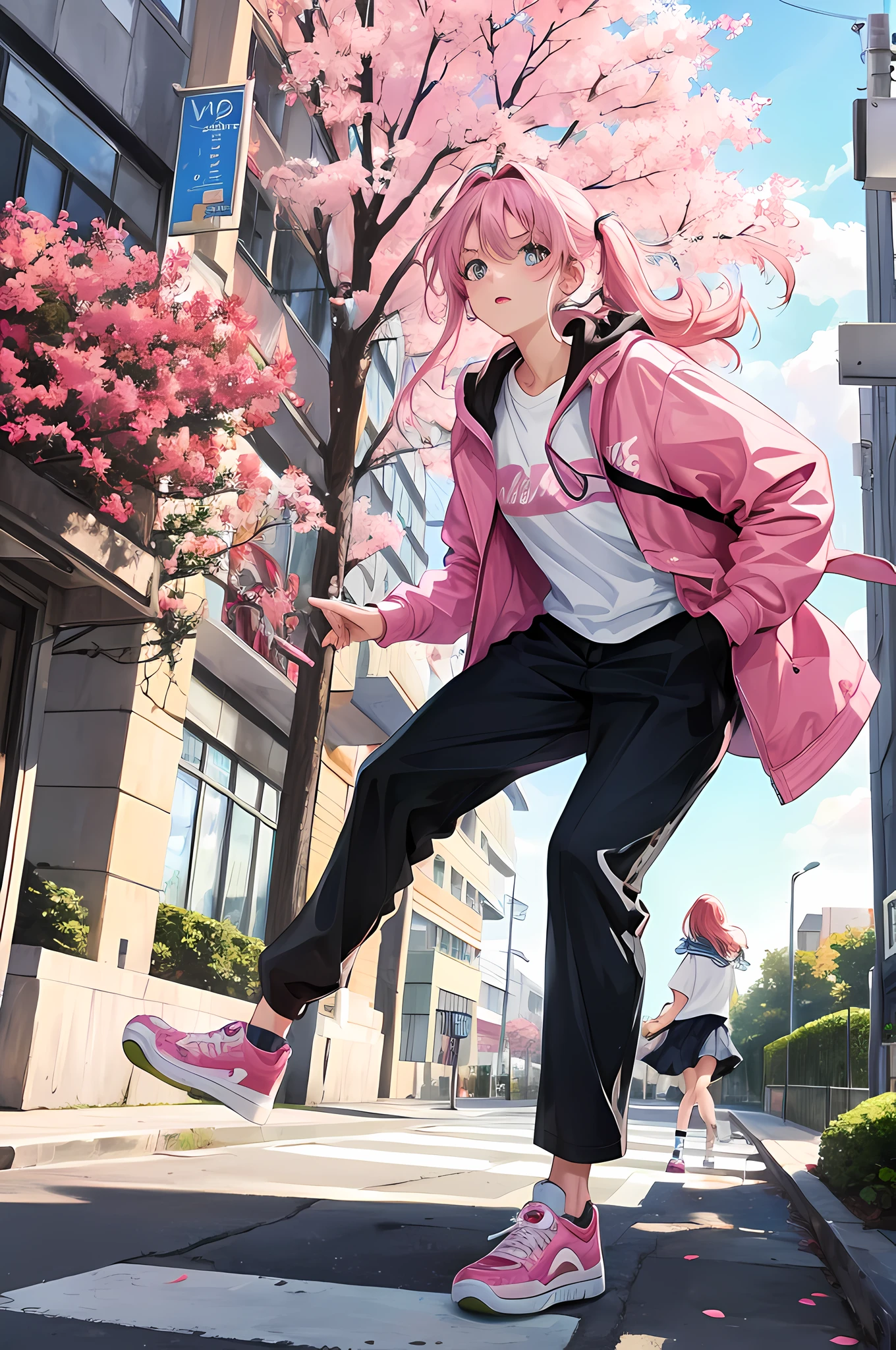 Woman wearing high school clothes skateboarding on a street, in the background has trees with pink leaves