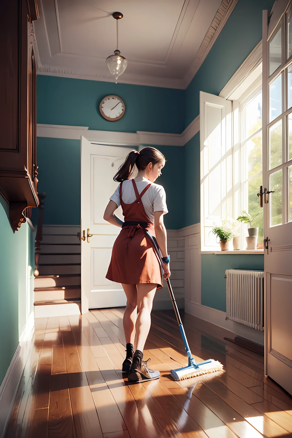 A woman cleaning and sweeping the house --auto --s2