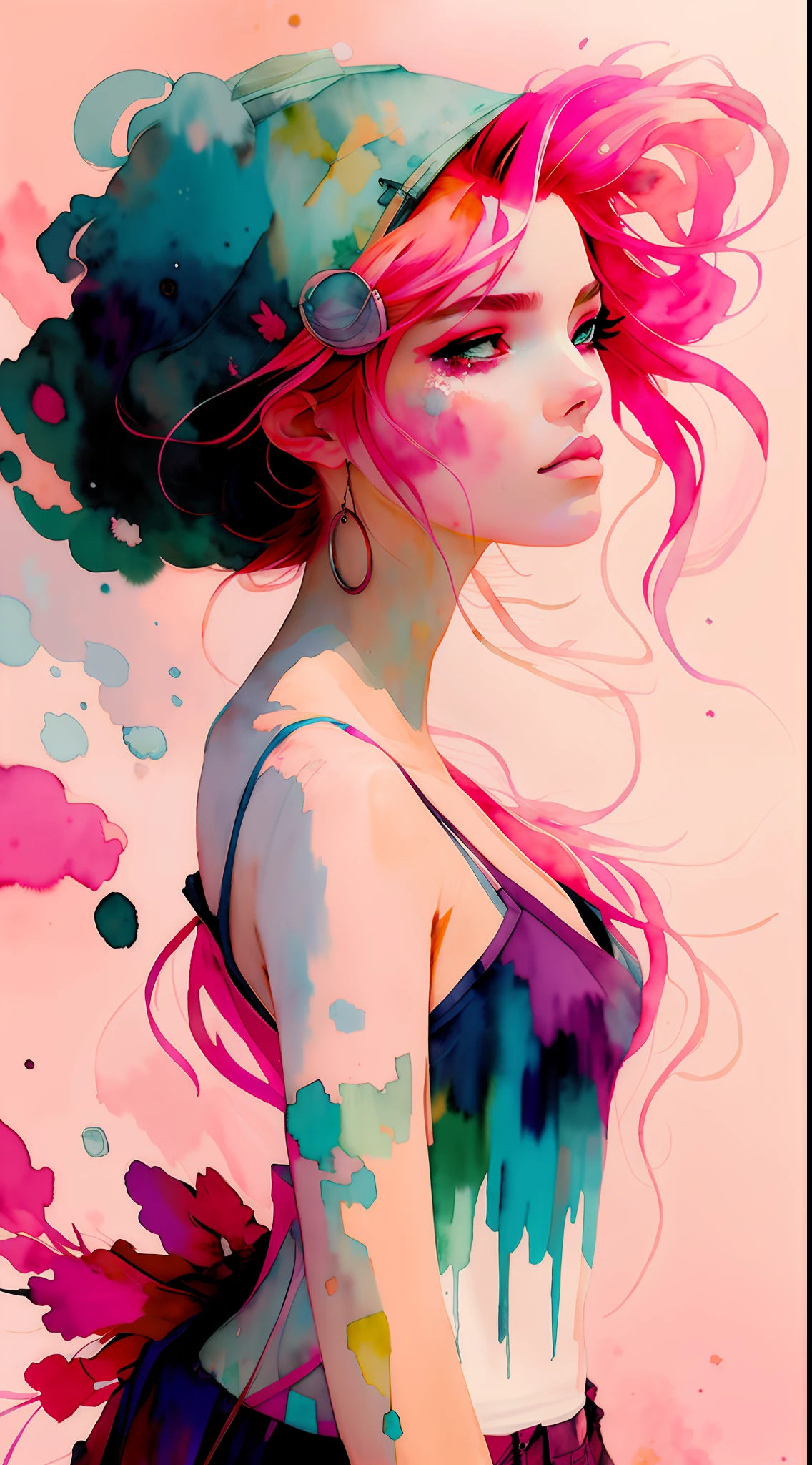 wtrcolor style, (pink) digital art, official art, blown by the wind, masterpiece, beautiful, most beautiful woman, redhead, abundant hair hair disheveled by the wind,((watercolor)), paint splash, intricate detail. Great detail, [drip: 0.7], Trends in Artstation, Rachel Walker