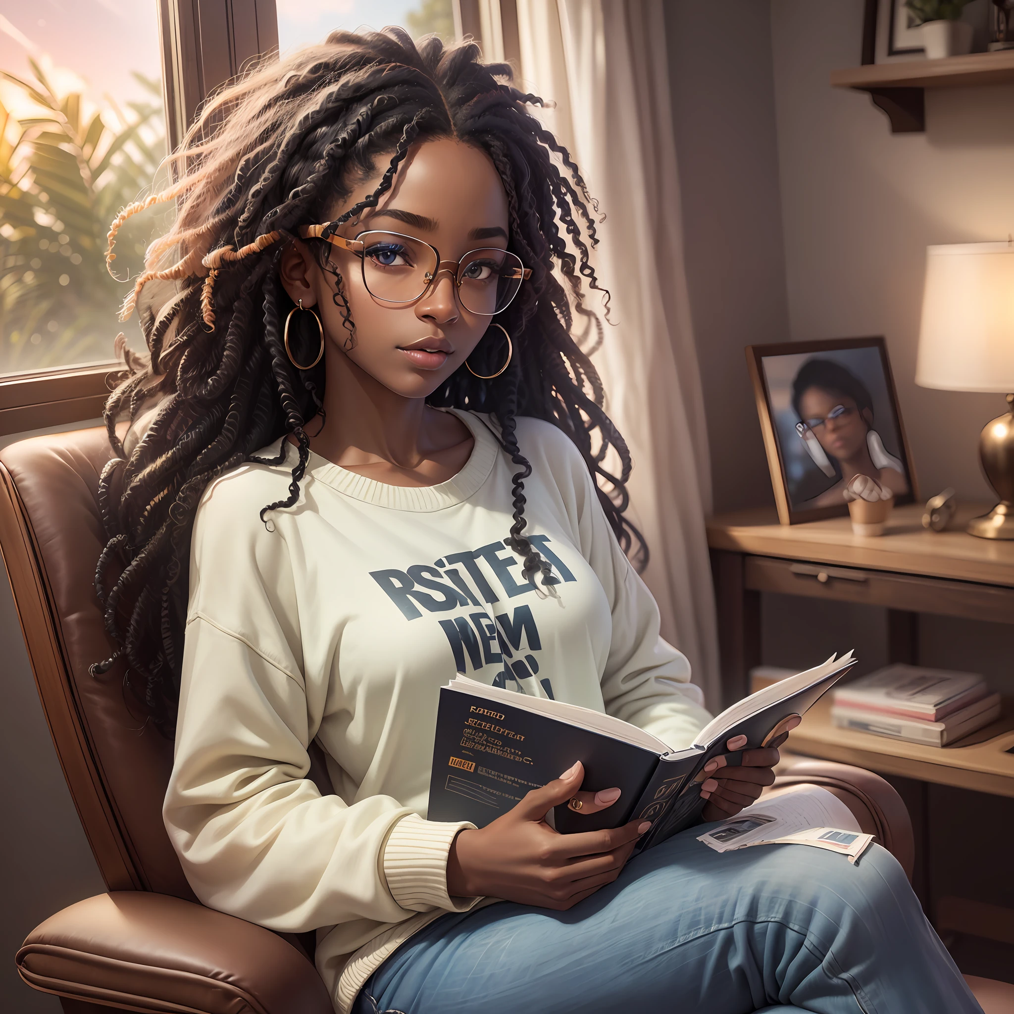 realistic portrait of a cute twenty-year-old African-American girl ((dark skin color)) reading a book, ((sitting in a chair by the window during a sunset)), ((wearing glasses, suffers from heterochromia)) dressed in a sweatshirt and jeans, current fashion, long curly hair, mega curly, ((kanekalon)), dark background lighting, close-up, product vision, detailed facial details, perfect face, sharpness, trend art, sharp facial details, cgsociety, ultra high quality digital art, hyper exquisite details, 4K, 8K soft lighting, dreamy --ISO 100, fashion - --auto --s2
