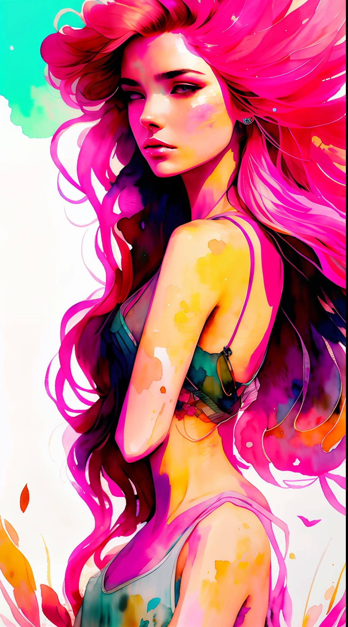 wtrcolor style, (pink) digital art, official art, blown by the wind, masterpiece, beautiful, most beautiful woman, redhead, abundant hair hair disheveled by the wind,((watercolor)), paint splash, intricate detail. Great detail, [drip: 0.7], Trends in Artstation, Rachel Walker