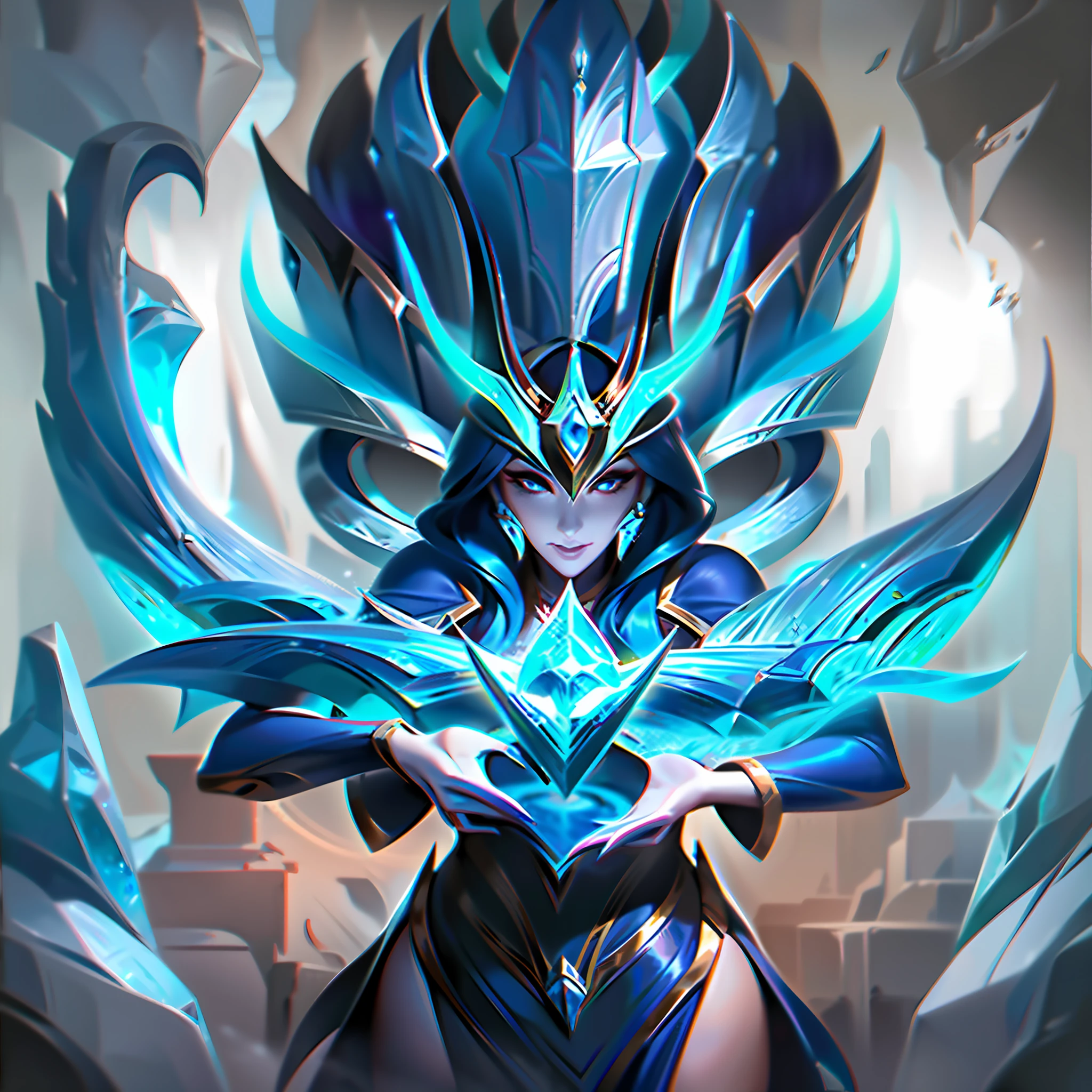 a close up of a woman in a blue dress standing on a large iceberg, concept art inspired by Shen Zhou, trending on cg society, conceptual art, official splash art, iconic character splash art, league of legends splash art, irelia, splash art, queen of the sea mu yanling, league of legends splashart, samira from league of legends