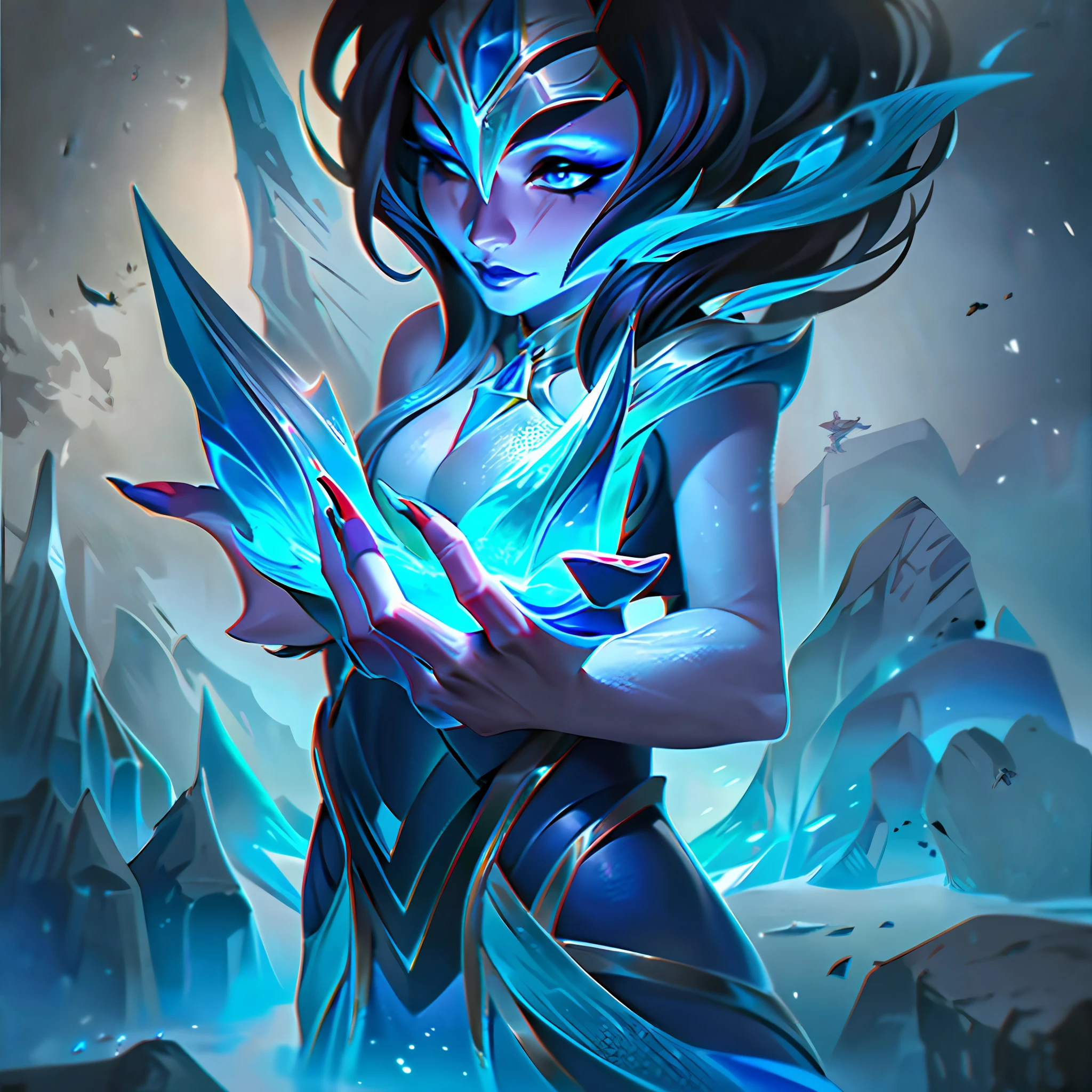 a close up of a woman in a blue dress standing on a large iceberg, concept art inspired by Shen Zhou, trending on cg society, conceptual art, official splash art, iconic character splash art, league of legends splash art, irelia, splash art, queen of the sea mu yanling, league of legends splashart, samira from league of legends