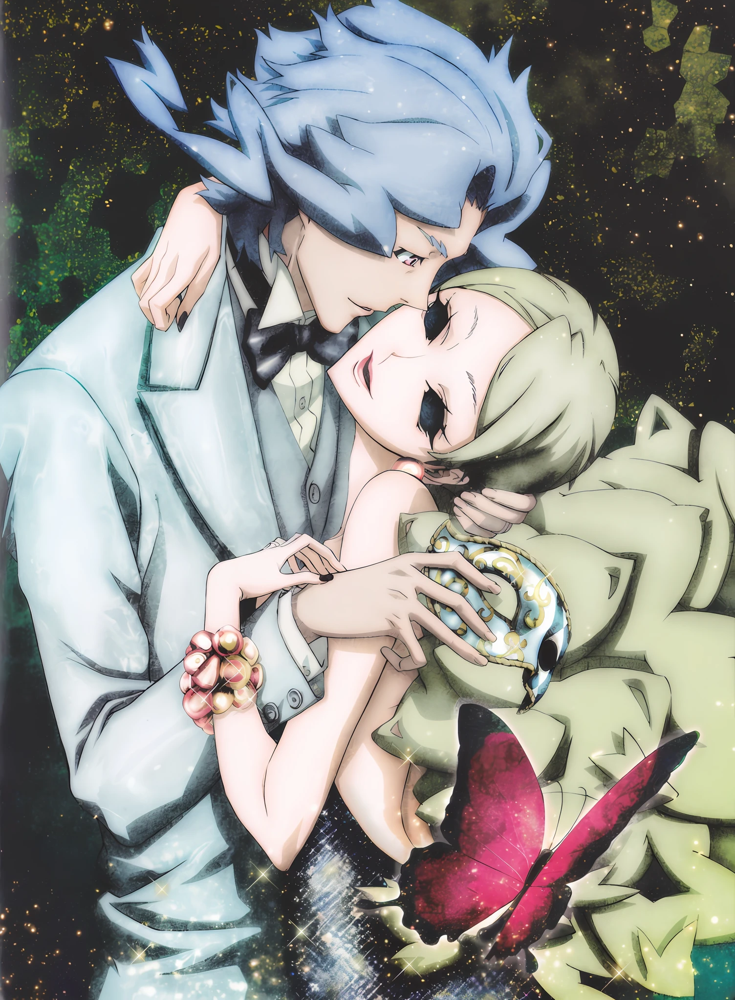 anime couple hugging each other in a field of grass, 8k!!, kiss, by Kamisaka Sekka, persona, official art, illustrative!!, colored photo, rimuru and milim, official anime artwork, macross frontier, anime style”, nighttime!!, high resolution!!, official artwork, 2 d anime, loli, detailed key anime art