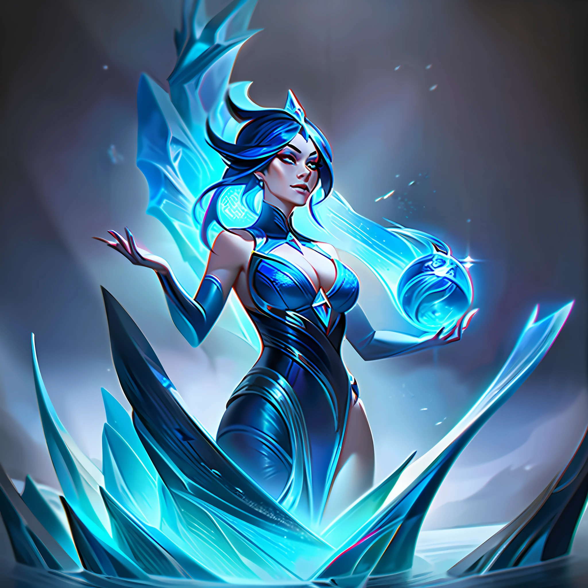 a close up of a woman in a blue dress standing on a large iceberg, concept art inspired by Shen Zhou, trending on cg society, conceptual art, official splash art, iconic character splash art, league of legends splash art, irelia, splash art, queen of the sea mu yanling, league of legends splashart, samira from league of legends