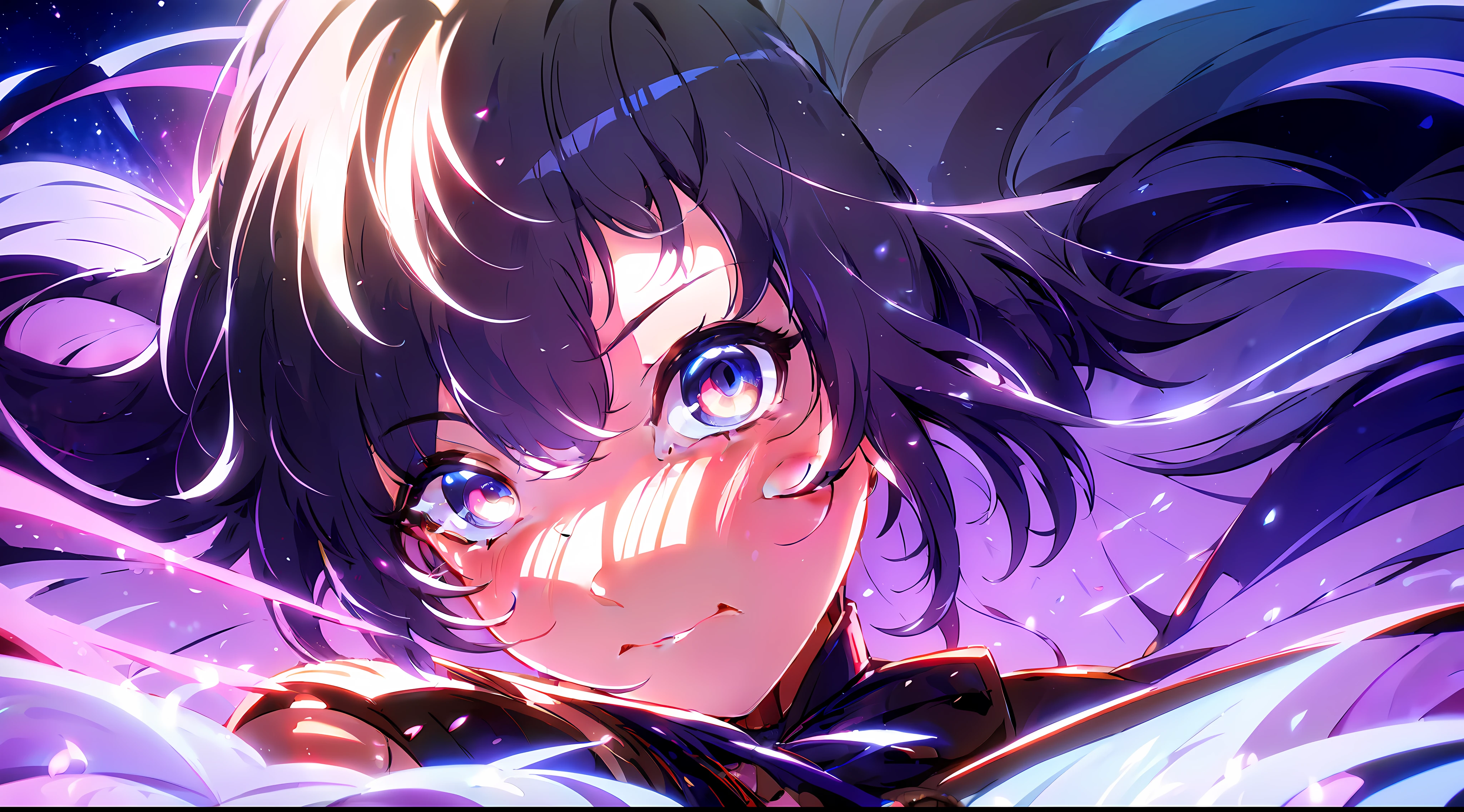 anime frame, fighting, powers, magic,princess,knight,Fire,highly detailed,masterpiece,illustration,black ribbon,beautiful detailed glow,hairs between eyes,bowties,best quality,extremely detailed CG unity 8k wallpaper,beautiful detailed white gloves,side blunt bangs,{{{streaked hair}}},blood on face,blush,WAR,(masterpiece, best quality, ultra-detailed, fantasy, illustration:1.3), elaborate features, beyond reality,  (multicolored hair,  sidelighting, lustrous skin:1.2), {{best quality}}, {{masterpiece}}, {{ultra-detailed}}, {illustration}, {detailed light}, {an extremely delicate and beautiful}, messy floating hair, colored inner hair, Starry sky adorns hair, depth of field