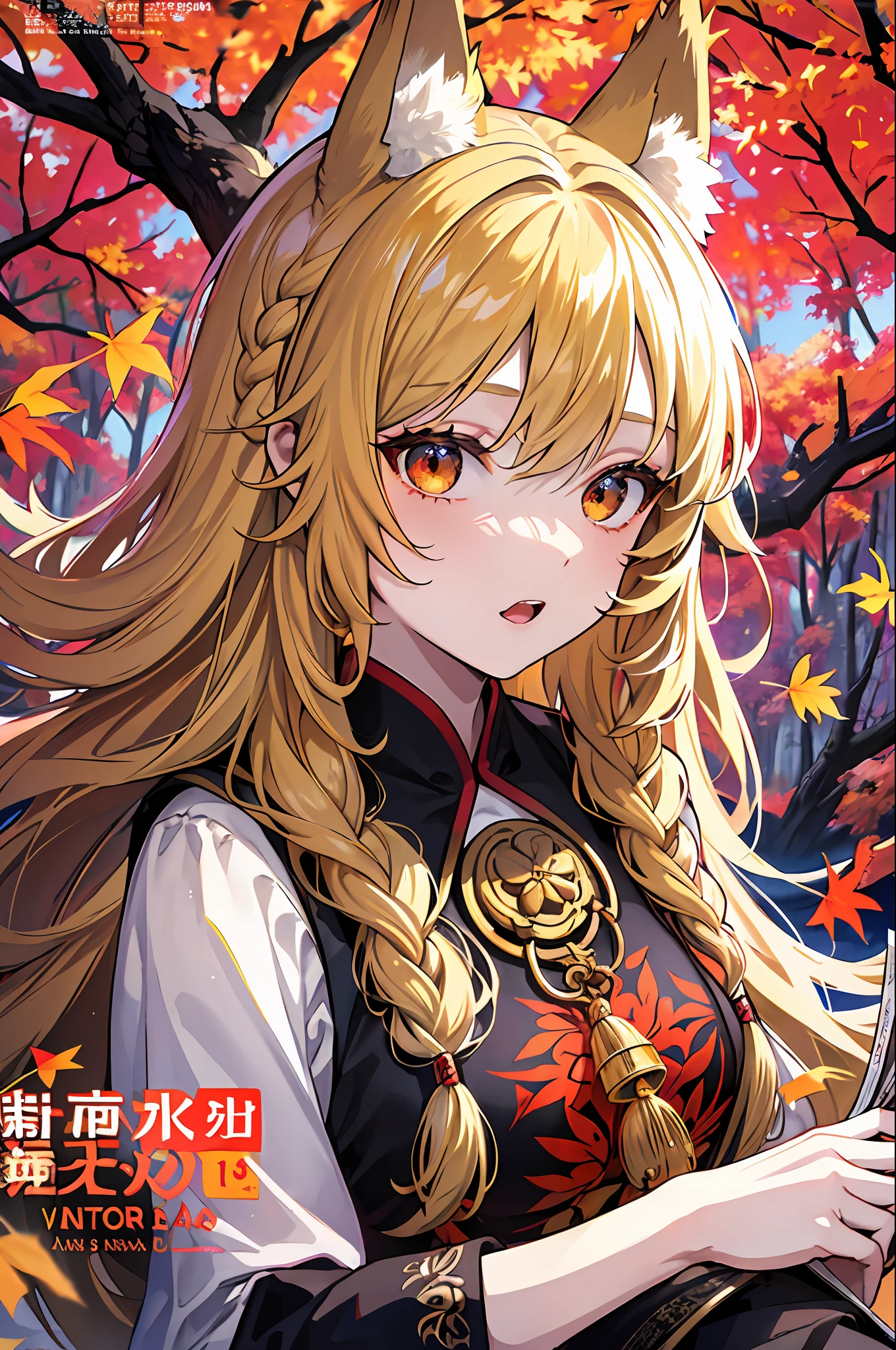 englai Fairyland,Chinese mythology,Colorful auspicious clouds,
autumn, autumn_leaves, falling_leaves, holding_leaf, leaf, leaf_background, leaf_hair_ornament, maple_leaf, aki_shizuha, leaf_print, starfish, anger_vein, ginkgo_leaf, leaf_on_head, spoken_anger_vein, tree, waterfall, sweet_potato, dragonfly, acorn, solo, braid, blurry_foreground, 1girl, day, painting, depth_of_field, blurry, long_hair, branch, hair_ornament, leaves_in_wind, forest, outdoors, nature, campfire, shirt, looking_at_viewer, onsen, koi, sitting, masterpiece, best quality, (best quality), ((masterpiece)), (highres), original, extremely detailed 8K wallpaper, (an extremely delicate and beautiful),((detailed face)),beautiful detail eyes,hair fluttering in the wind,messy hair,lens flare,
1girl,full body,(golden eye),(red eye),(wolf ear),(yellow hair),(wolf tail),(wolf ears),(a cute young girl:1.1),(wolf ear),beautiful detailed eyes,orange hair, very long hair,small breasts,(looking at viewer),
(magazine:1.3), (cover-style:1.3), fashionable, woman, vibrant, outfit, posing, front, colorful, dynamic, background, elements, confident, expression, holding, statement, accessory, majestic, coiled, around, touch, scene, text, cover, bold, attention-grabbing, title, stylish, font, catchy, headline, larger, striking, modern, trendy, focus, fashion,