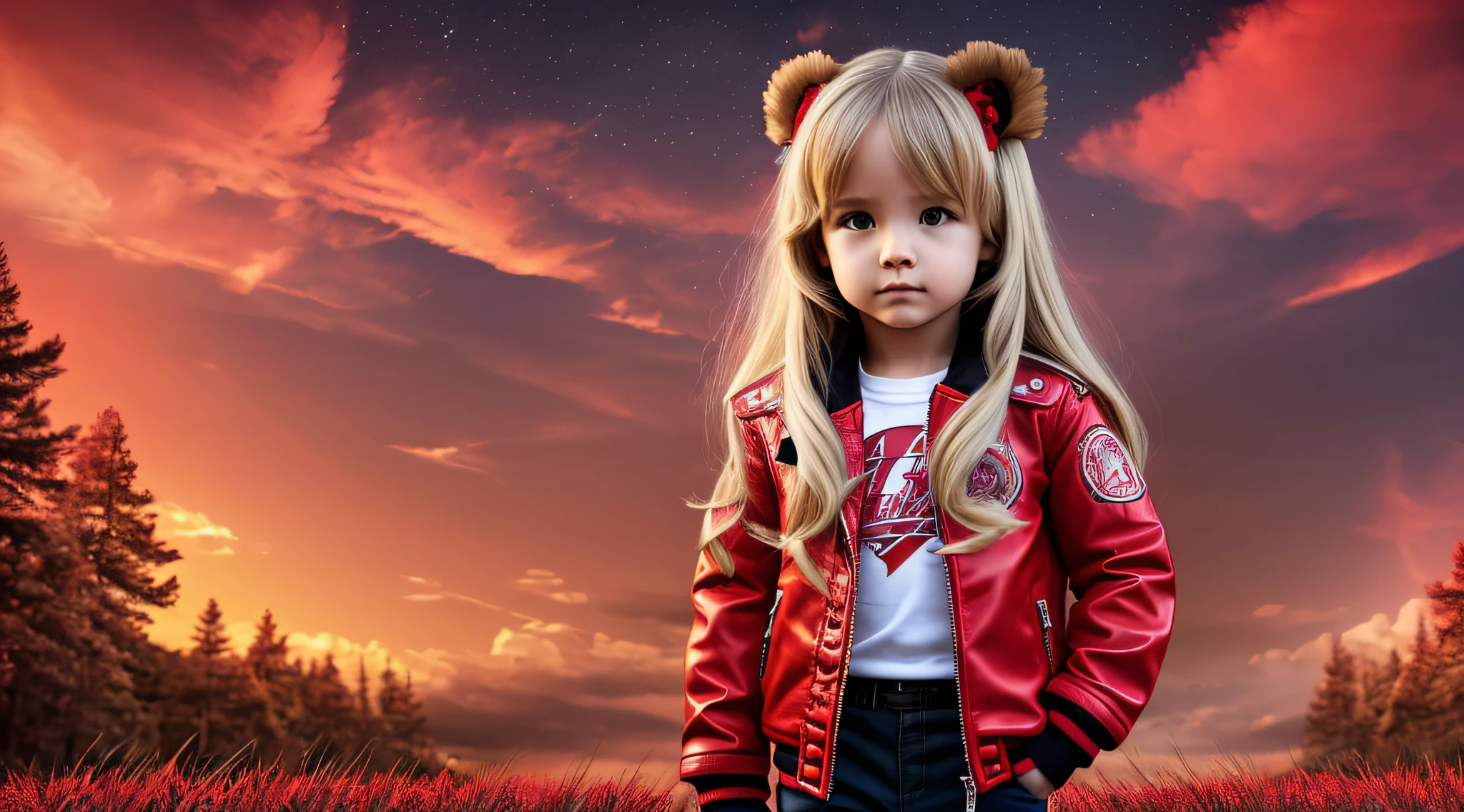 girl 10 yeg haired blonde, suspense atmosphere, red jacket, thriller, red jacket, wearing red jacket, brown pants red shirt, red jacket, wearing dead lion fantasy jacket, red and black costume!!!, red leather jacket --auto --s2