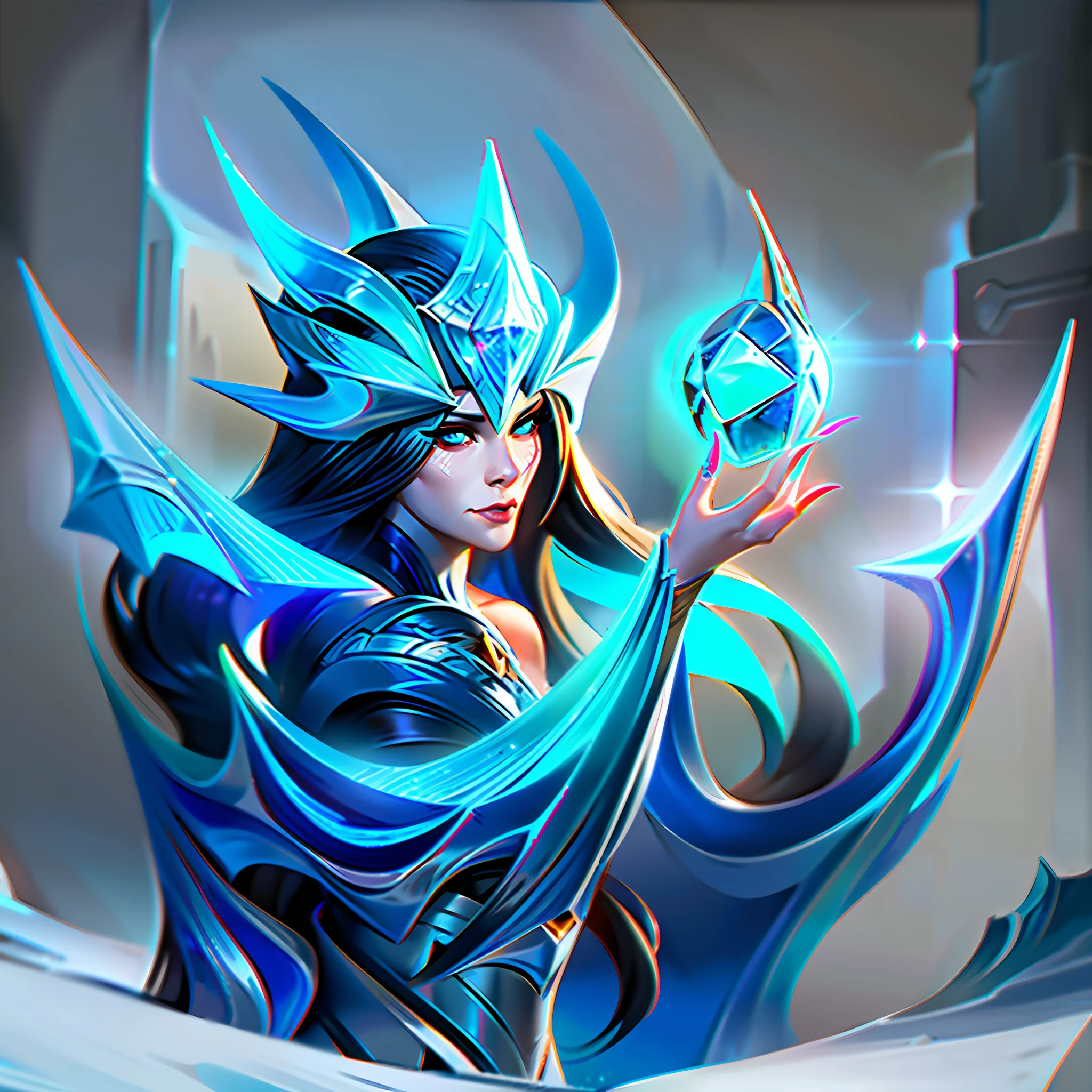 a close up of a woman in a blue dress standing on a large iceberg, concept art inspired by Shen Zhou, trending on cg society, conceptual art, official splash art, iconic character splash art, league of legends splash art, irelia, splash art, queen of the sea mu yanling, league of legends splashart, samira from league of legends