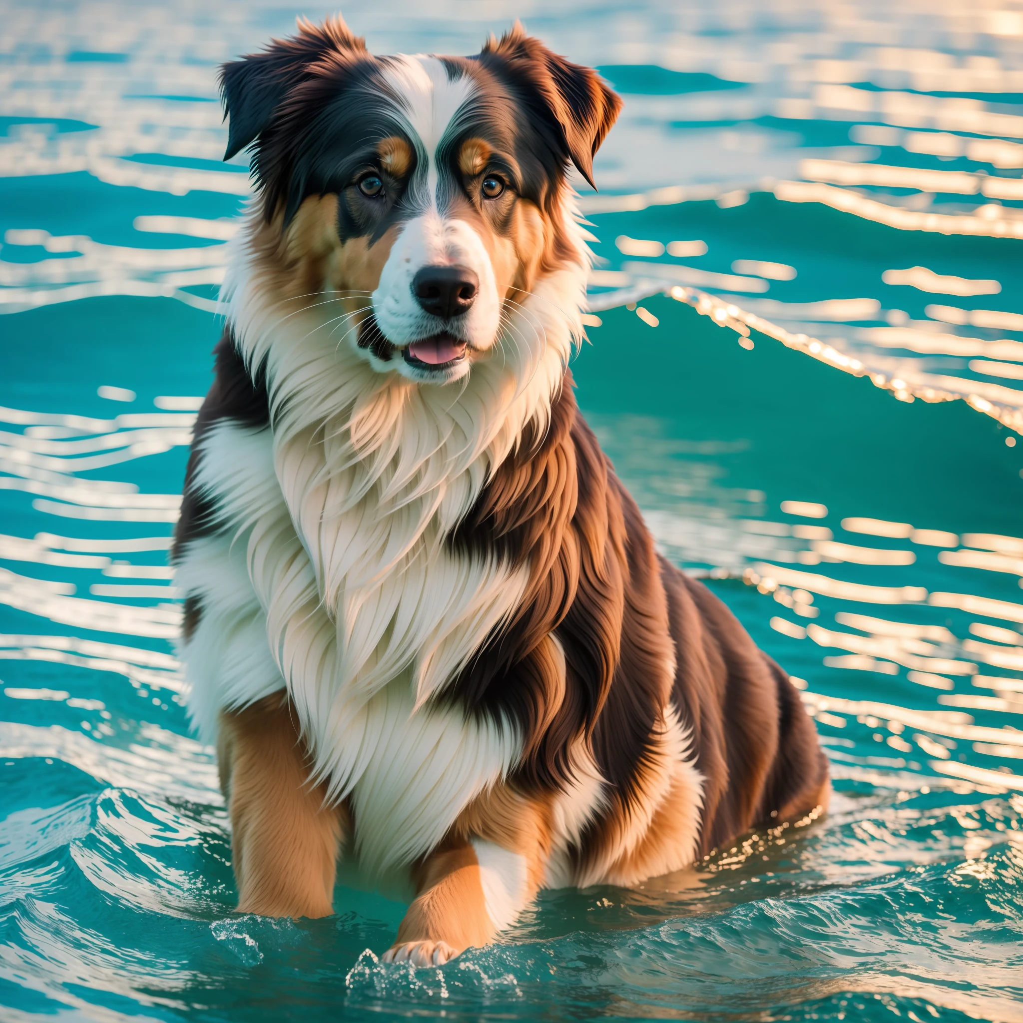 Australian Shepherd swimming in a landscape pool of clear and transparent water sunset ultra realistic photo 4k --auto --s2