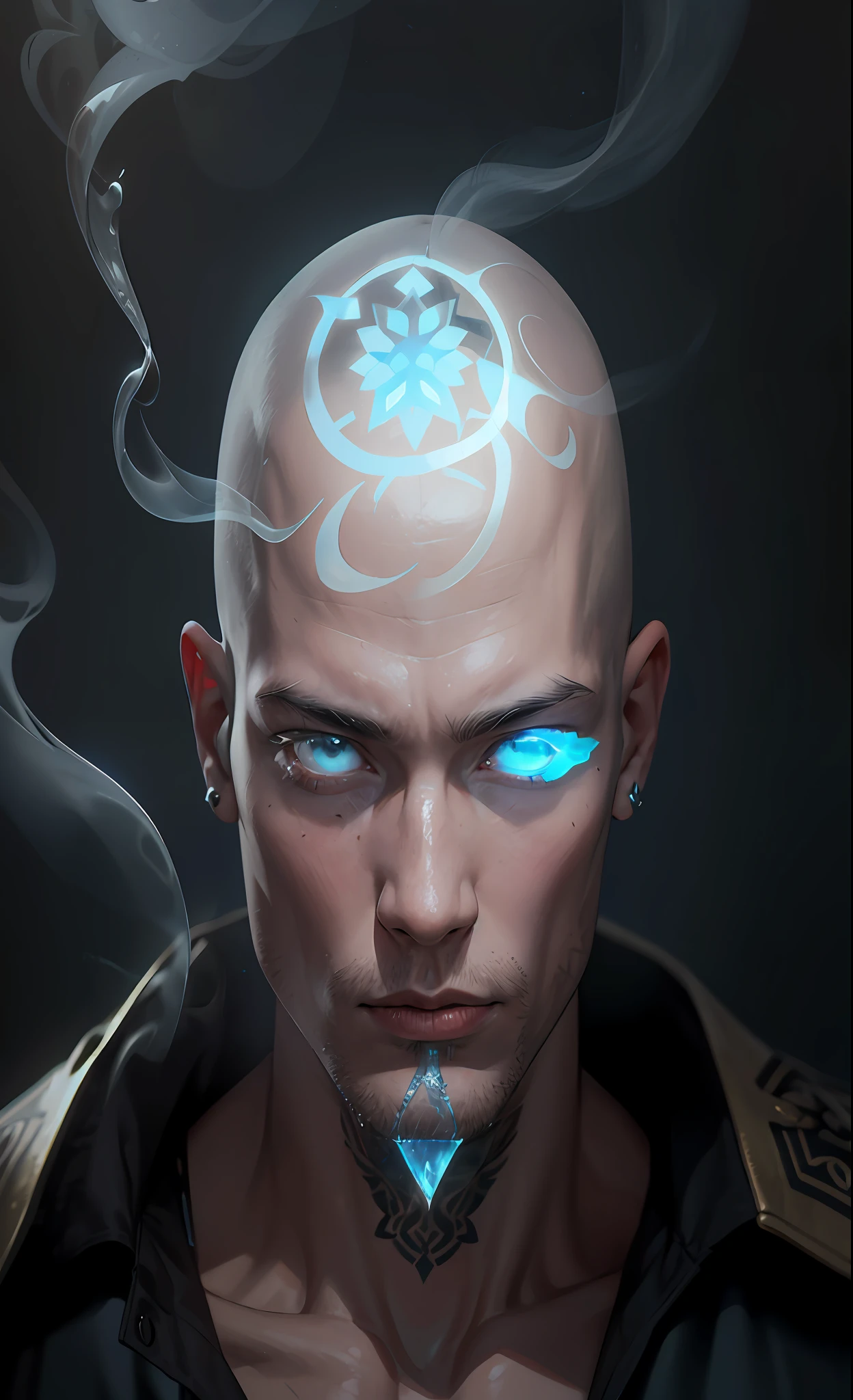 extremely detailed 8k wallpaper), intricate, richly detailed, A skinhead man, 21, with an iced skin, a luminous snow tattoo on his head. --auto --s2
