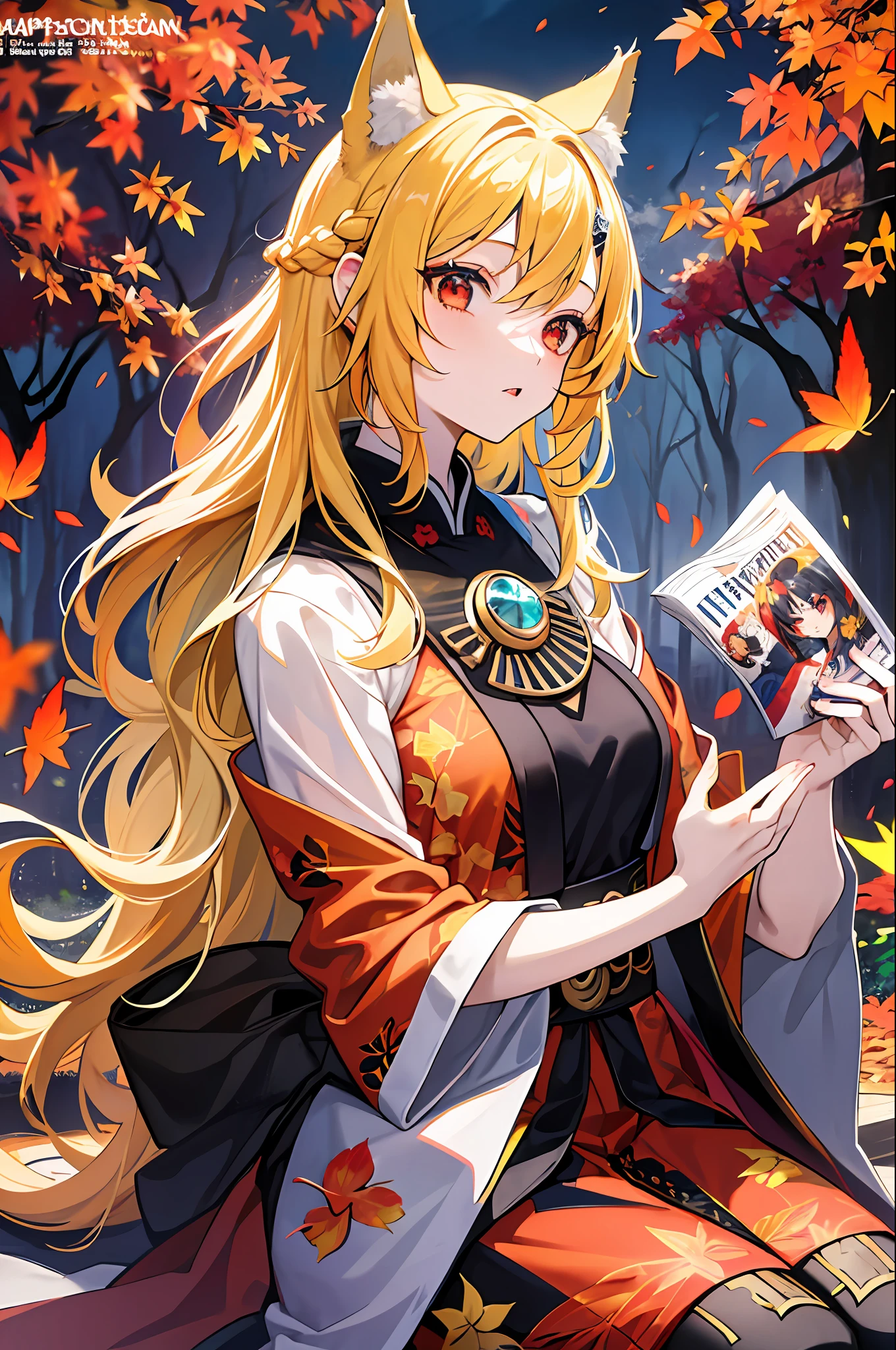 englai Fairyland,Chinese mythology,Colorful auspicious clouds,
autumn, autumn_leaves, falling_leaves, holding_leaf, leaf, leaf_background, leaf_hair_ornament, maple_leaf, aki_shizuha, leaf_print, starfish, anger_vein, ginkgo_leaf, leaf_on_head, spoken_anger_vein, tree, waterfall, sweet_potato, dragonfly, acorn, solo, braid, blurry_foreground, 1girl, day, painting, depth_of_field, blurry, long_hair, branch, hair_ornament, leaves_in_wind, forest, outdoors, nature, campfire, shirt, looking_at_viewer, onsen, koi, sitting, masterpiece, best quality, (best quality), ((masterpiece)), (highres), original, extremely detailed 8K wallpaper, (an extremely delicate and beautiful),((detailed face)),beautiful detail eyes,hair fluttering in the wind,messy hair,lens flare,
1girl,full body,(golden eye),(red eye),(wolf ear),(yellow hair),(wolf tail),(wolf ears),(a cute young girl:1.1),(wolf ear),beautiful detailed eyes,orange hair, very long hair,small breasts,(looking at viewer),
(magazine:1.3), (cover-style:1.3), fashionable, woman, vibrant, outfit, posing, front, colorful, dynamic, background, elements, confident, expression, holding, statement, accessory, majestic, coiled, around, touch, scene, text, cover, bold, attention-grabbing, title, stylish, font, catchy, headline, larger, striking, modern, trendy, focus, fashion,