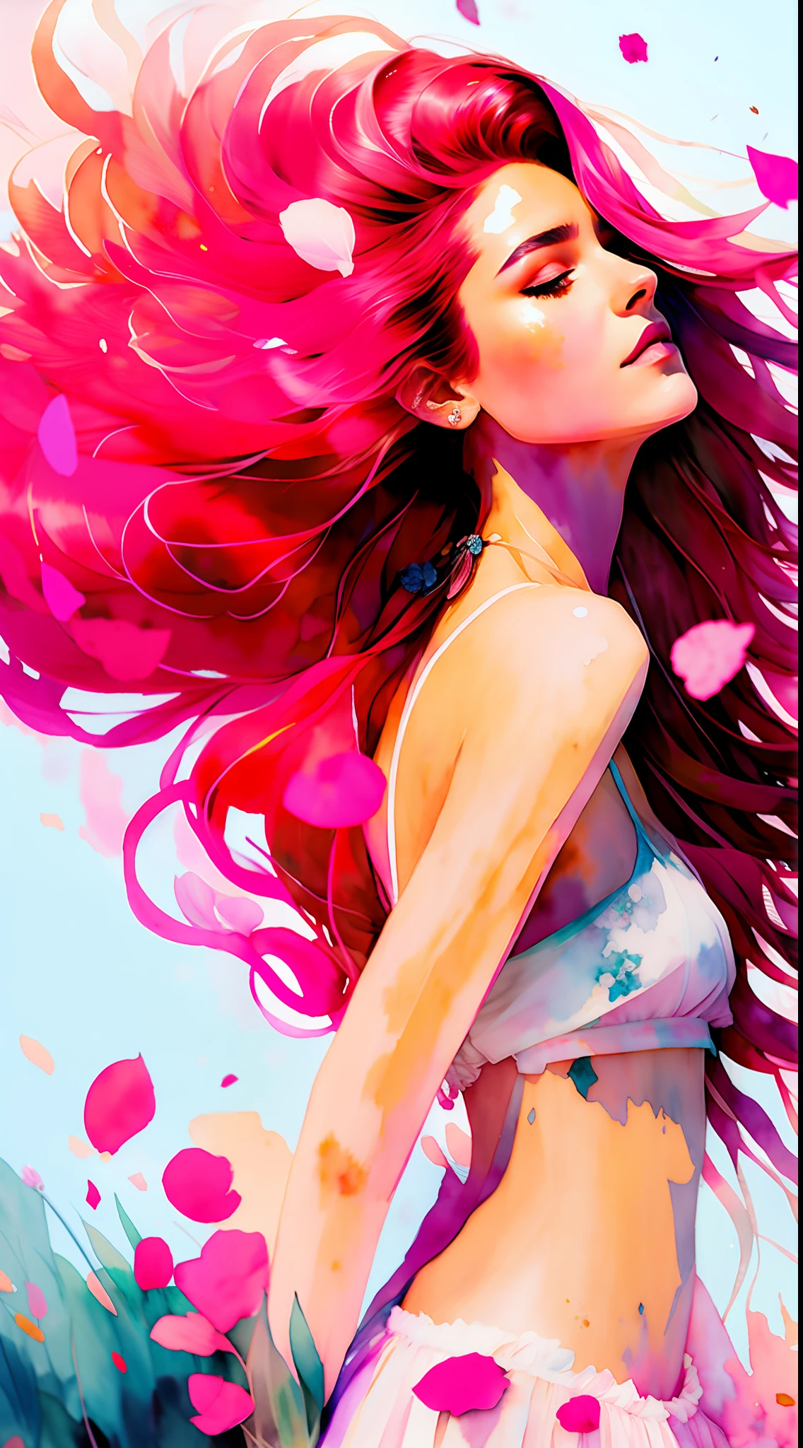 wtrcolor style, (pink) digital art, official art, blown by the wind, masterpiece, beautiful, most beautiful woman, redhead, abundant hair, hair disheveled by the wind, rose petals in the air,((watercolor)), paint splash, intricate detail. Great detail, [drip: 0.7], Trends in Artstation, Rachel Walker