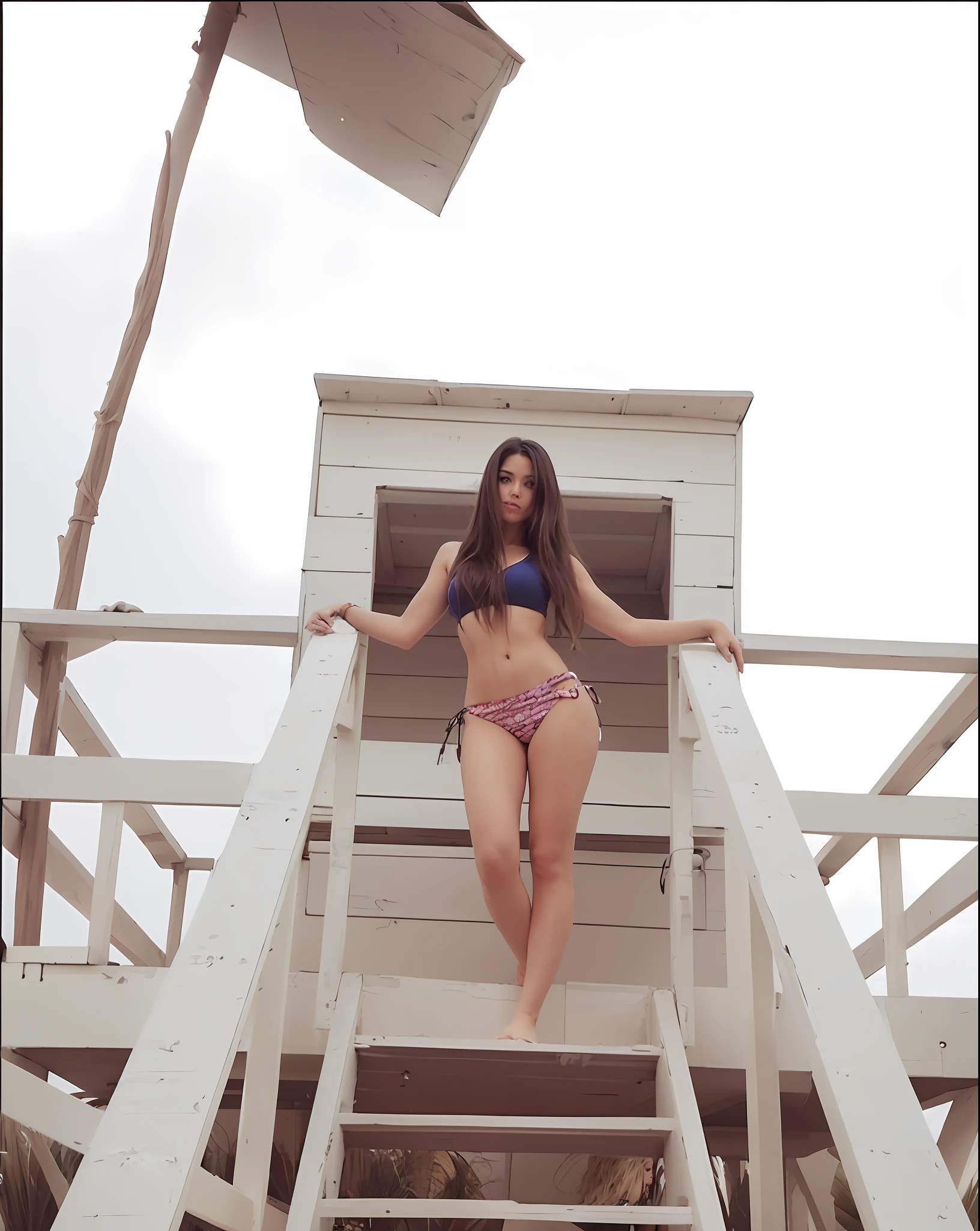 there is a woman in a bikini standing on a lifeguard tower, standing at the beach, posing on the beach, standing on a ladder, standing near the beach, in bikini, bikini model, in the beach, in a bikini, posing!!, on top of it, at the beach, waist high, standing on rooftop, wearing two - piece swimsuit