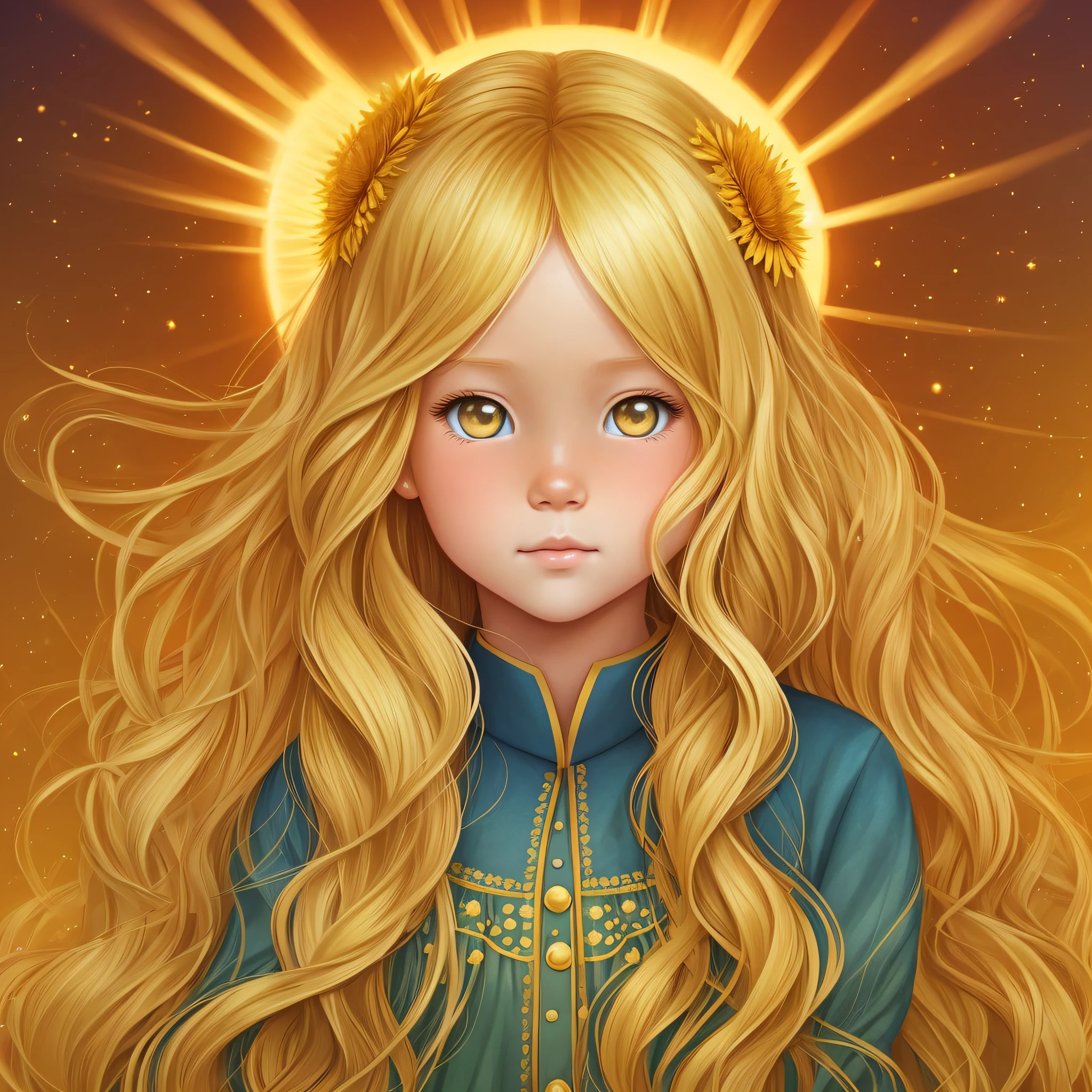 The Sun Girl, serious face, sun surface background, children's book illustration style, simple, cute, ************, colors, long bright blonde hair, smooth color, no glasses, shimmering yellow eyes --auto --s2