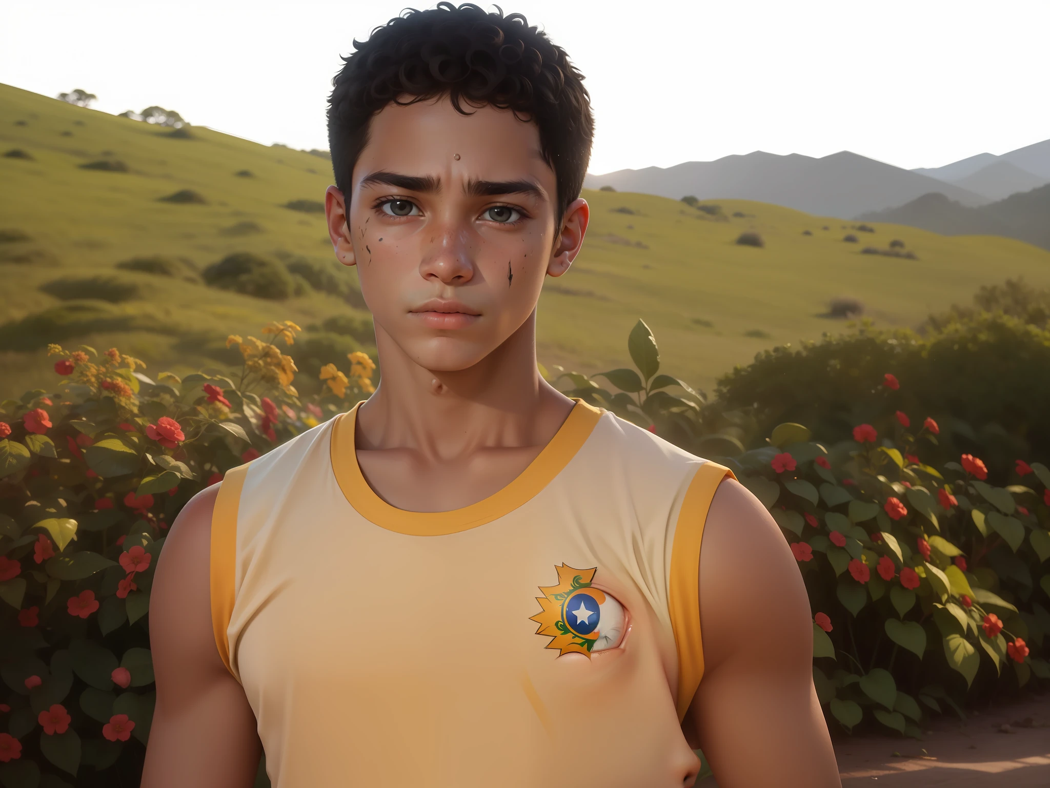 Image 8k, 12 years old, professional photography. Thin, same face, but young, has no muscle, black eye, face with pimples, Brazilian. Putting a flag of the football team of Rio de Janeiro behind, face that is sleepy, looking down, eyes almost screwed