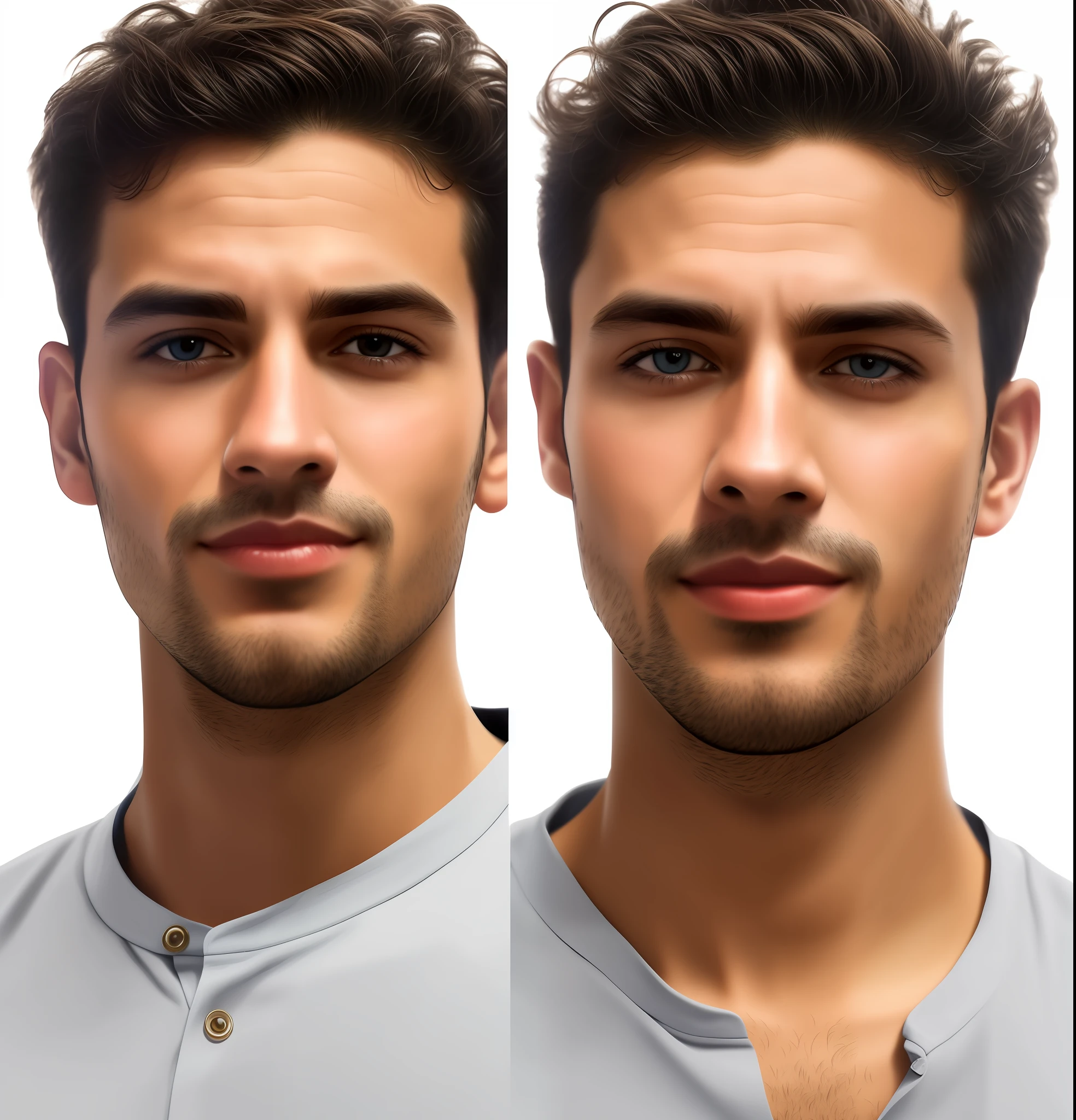 arafed man with a blue shirt, front photo, passport photo, halfbodyshot headshot, headshot profile photo, detailed face not blurred, realistically rendered face, professional profile picture, young spanish, selfie photography 8k, 18 years, render portrait 8k, headshot photo, about 1 9 years old, high quality image, with a happy countenance and a sorisso on the face, Professional white background, ultra realistic