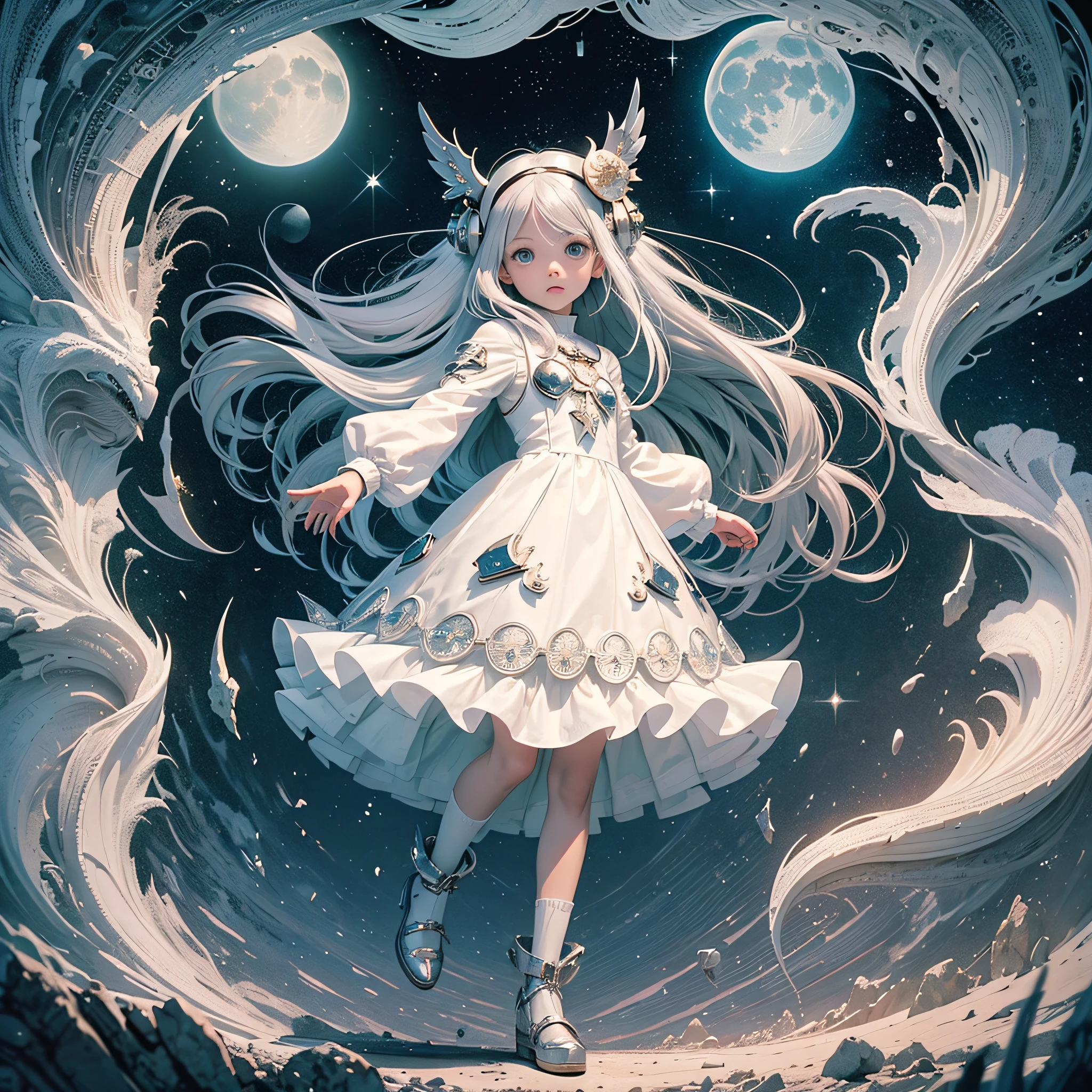 The Moon Girl, various full-body poses and various facial expressions, white background backdrop, children's book illustration style, simple, cute, 10 years old, colors, long shiny platinum hair, smooth color, white dress with tight and long sleeve, no glasses, shimmering gray eyes --auto --s2