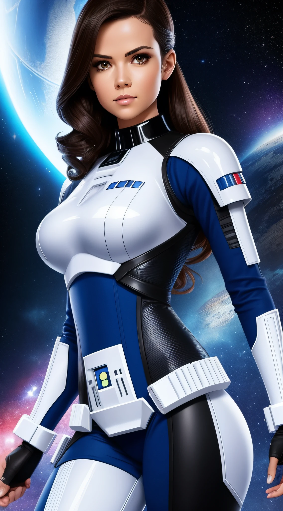 Star Wars, a close up of a woman in a science fiction uniform posing for a picture, sexy look, tight outfit, sexy body, sexy girl, full body photo shoot, sexy pose, sexy look at the camera, very sexy, revealing outfit, tease, high detail background with galaxy stars