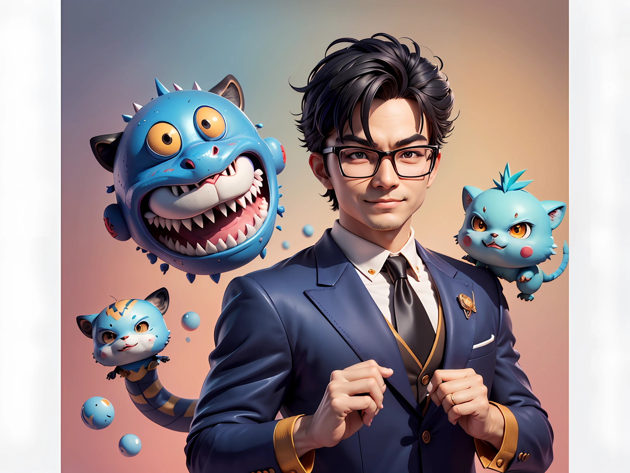 (Masterpiece), (Extreme Quality), (Super Meticulous), (Full Body: 1.2), Super Young Man, Chinese Dragon, Tiger, Wind God Thor, Sexy, Bursting, Oriental Face, TV Anchor, Bust Portrait Illustration, Black Formal Suit, Blue Tie, Slightly Chubby Face, Silver Glasses, Very Clean Face, No Beard on Chin, Black Super Short Hair, Black Eyes, Confident Smile, 3c Computer Sub-Products, iPad, iPhone, Digital Painting, 3D Character Design by Mark Claireden and Pixar and Hayao Miyazaki and Akira Toriyama, The illustration is a high-definition illustration in 4K resolution with very detailed facial features and cartoon-style visuals.