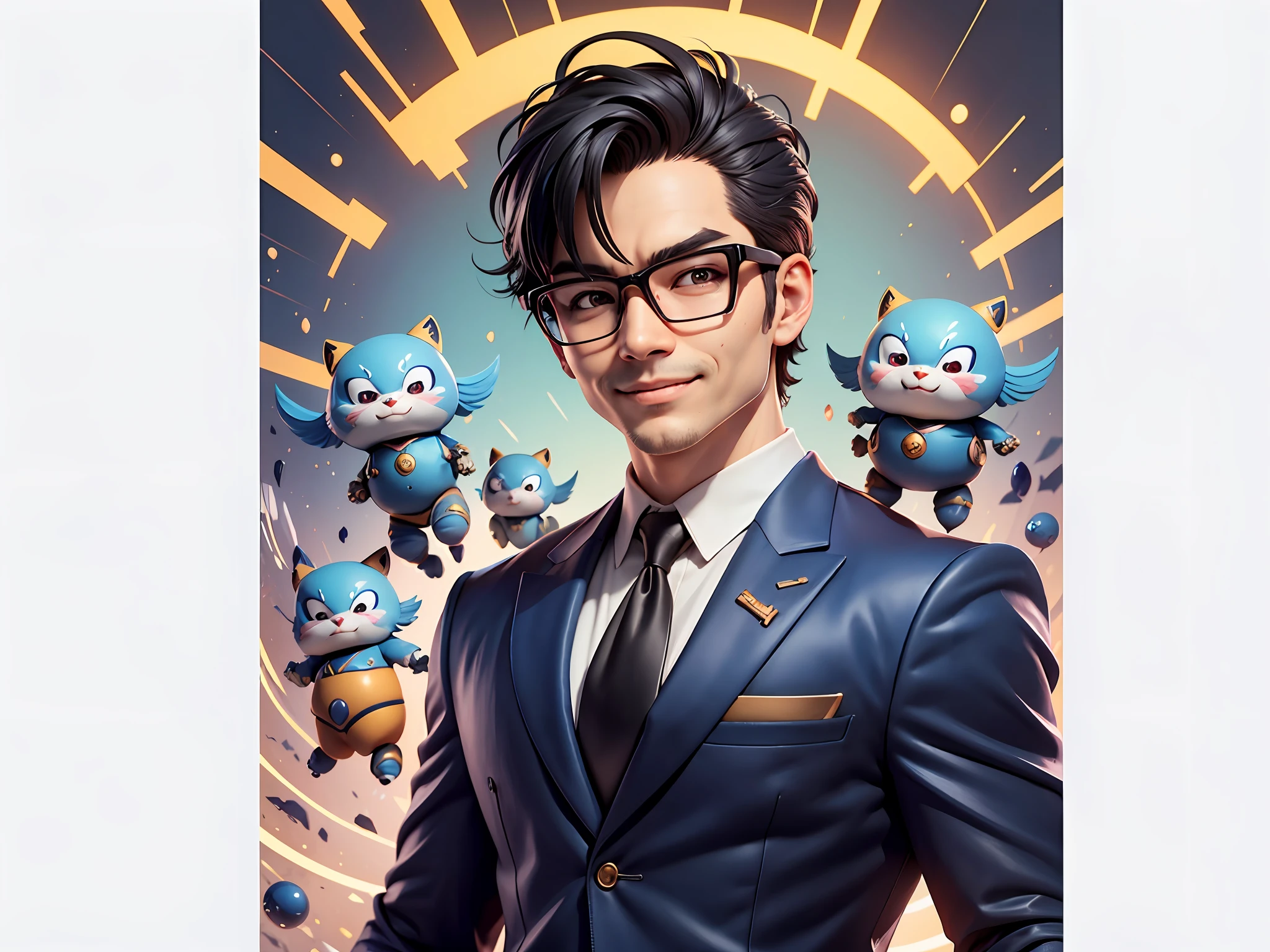 (Masterpiece), (Extreme Quality), (Super Meticulous), (Full Body: 1.2), Super Young Man, Chinese Dragon, Tiger, Wind God Thor, Sexy, Bursting, Oriental Face, TV Anchor, Bust Portrait Illustration, Black Formal Suit, Blue Tie, Slightly Chubby Face, Silver Glasses, Very Clean Face, No Beard on Chin, Black Super Short Hair, Black Eyes, Confident Smile, 3c Computer Sub-Products, iPad, iPhone, Digital Painting, 3D Character Design by Mark Claireden and Pixar and Hayao Miyazaki and Akira Toriyama, The illustration is a high-definition illustration in 4K resolution with very detailed facial features and cartoon-style visuals.