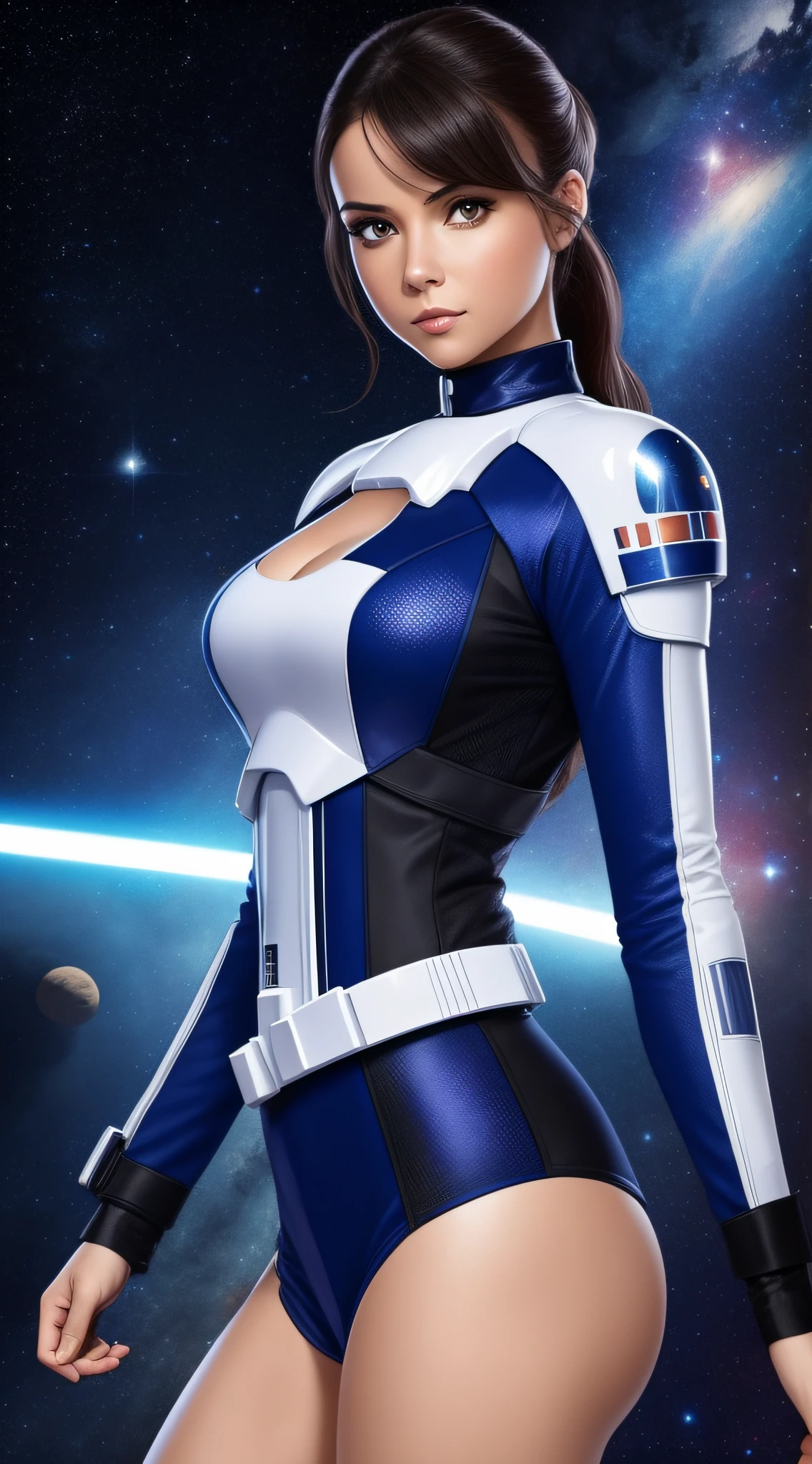 Star Wars, a close up of a woman in a science fiction uniform posing for a picture, sexy look, tight outfit, sexy body, sexy girl, full body photo shoot, sexy pose, sexy look at the camera, very sexy, revealing outfit, tease, high detail background with galaxy stars