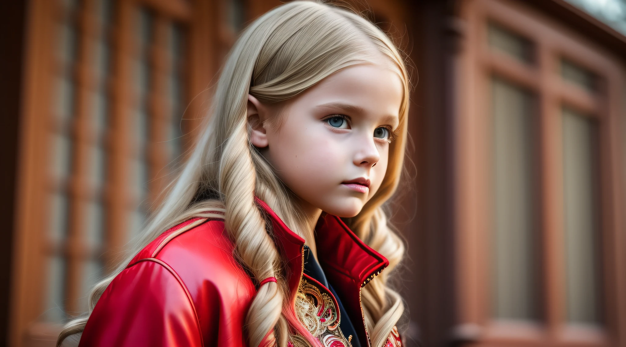 realistic, photorealistic, masterpiece, best quality, girl 10 yeonde with long hair, suspense atmosphere, red jacket, thriller, red jacket, wearing red jacket, brown pants red shirt, red jacket, wearing dead lion fantasy jacket, red and black costume!!!, red leather jacket --auto --s2