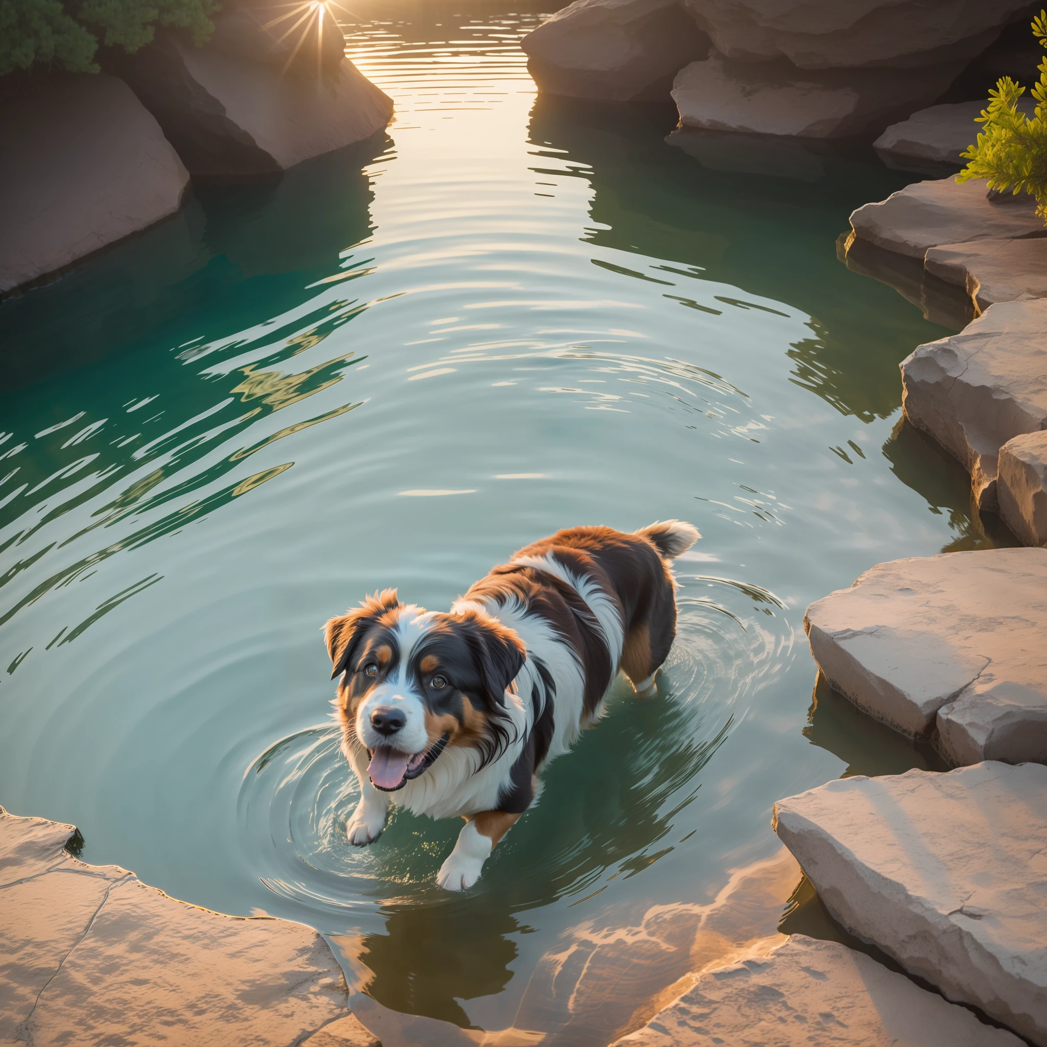 Australian Shepherd swimming in a landscape pool of clear and transparent water sunset ultra realistic photo 4k --auto --s2