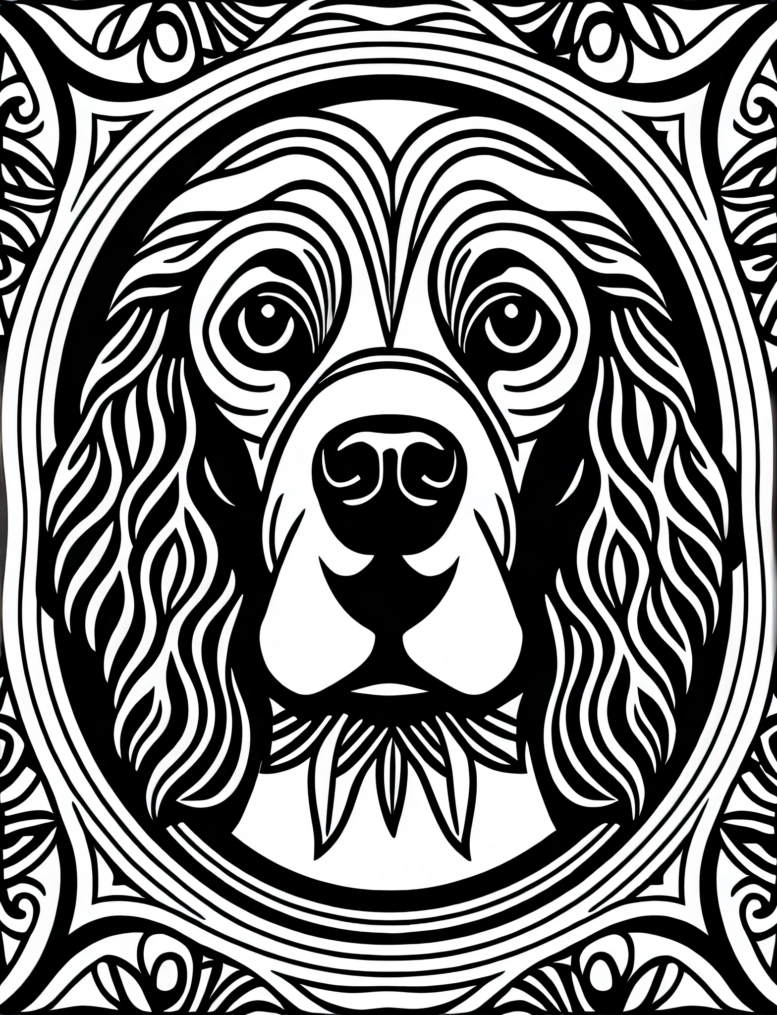 an American Cocker Spaniel style dog, fantasy, magical, mandala, happy, black and white, equal wavy lines, realistic line art drawing, coloring book page, no noise, sharp thick lines, contour art, centered image, isolated on a white background