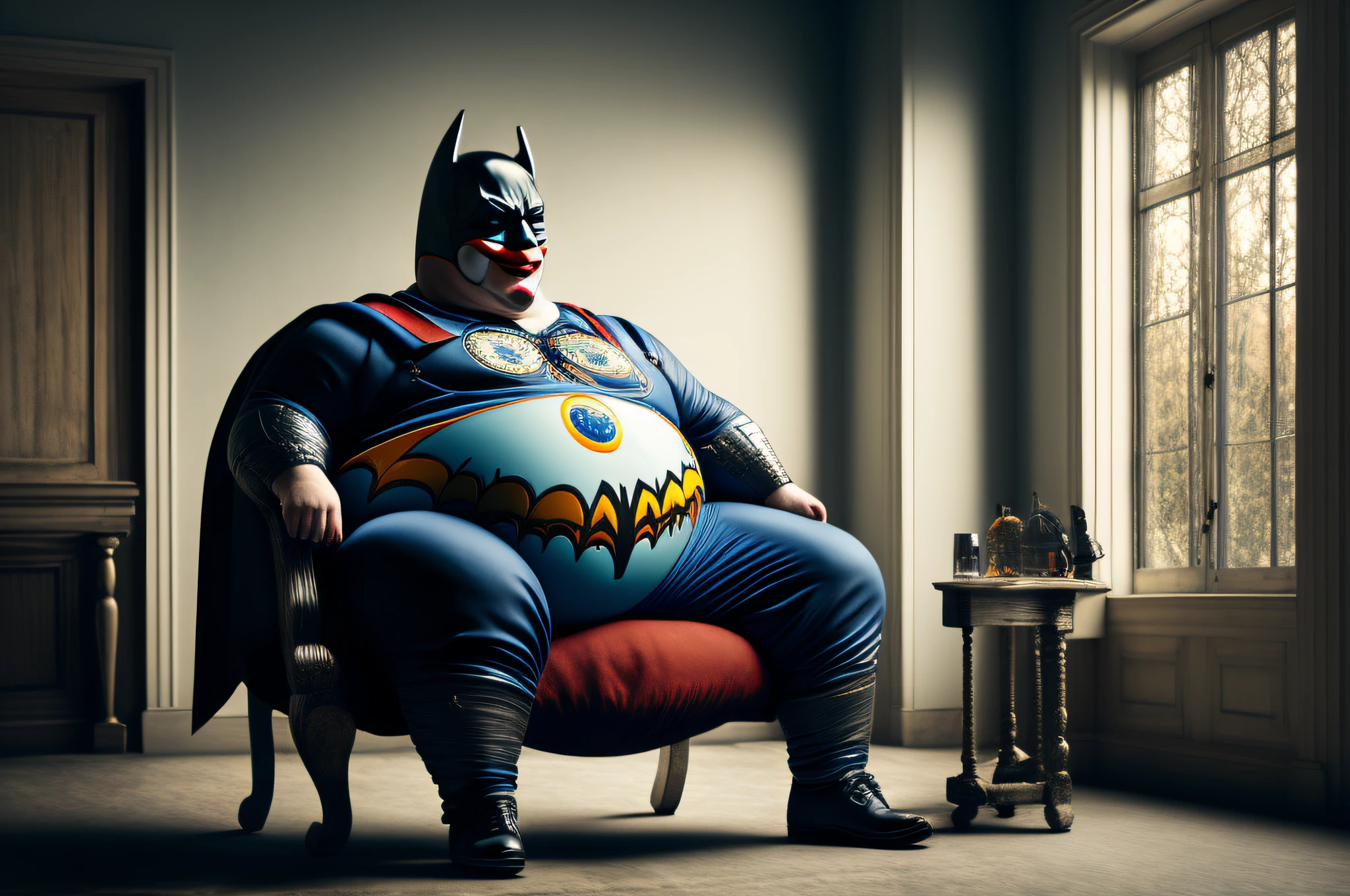 Fat batman (full body: 1.5) as clown is sitting in a chair in the Russian countryside, photorealism, professional photo, intricate details, photoreal, filmed using sony a7riii camera